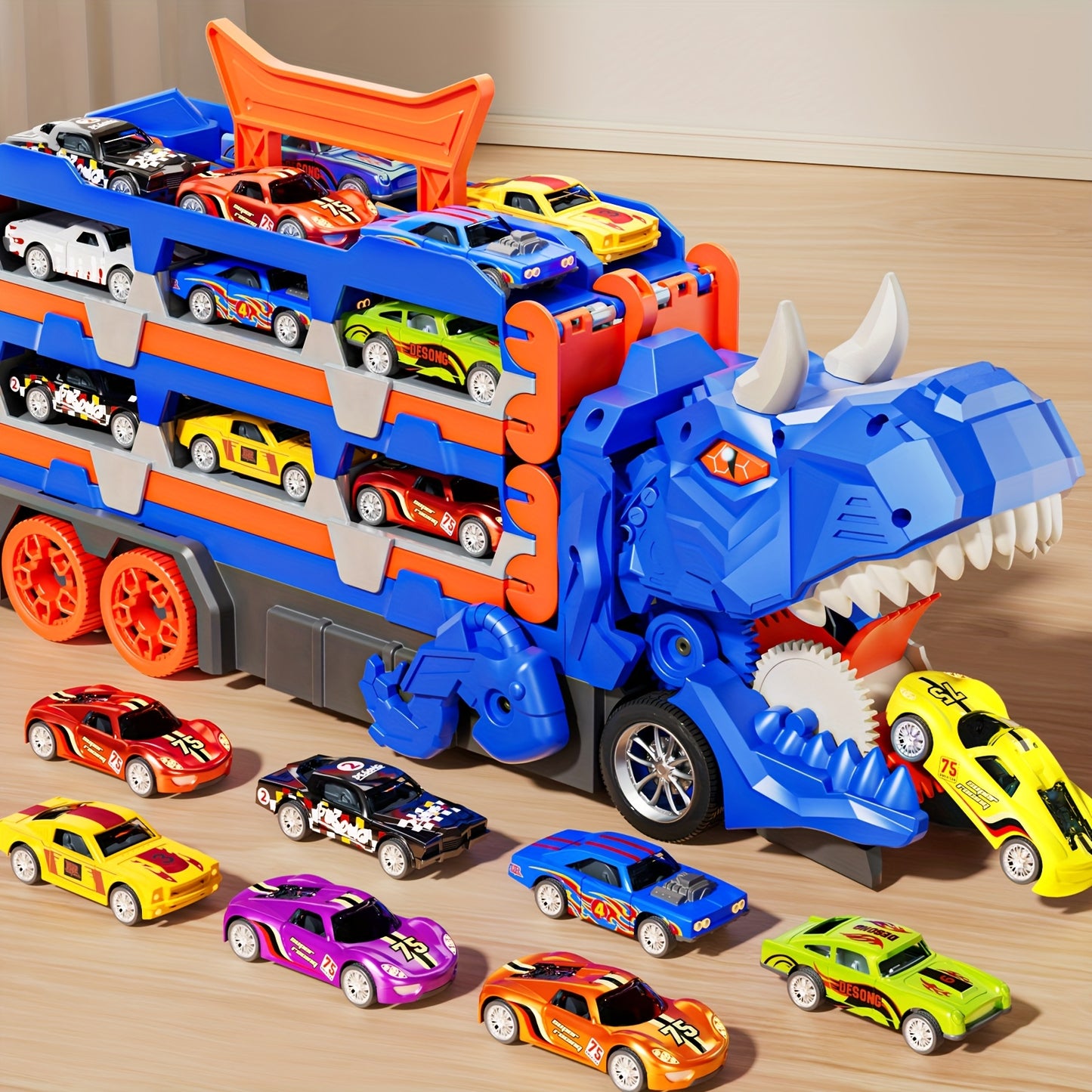 Dinosaur Race Track Car Toy Set for Boys | 12 Cars & Dino Transporter Truck