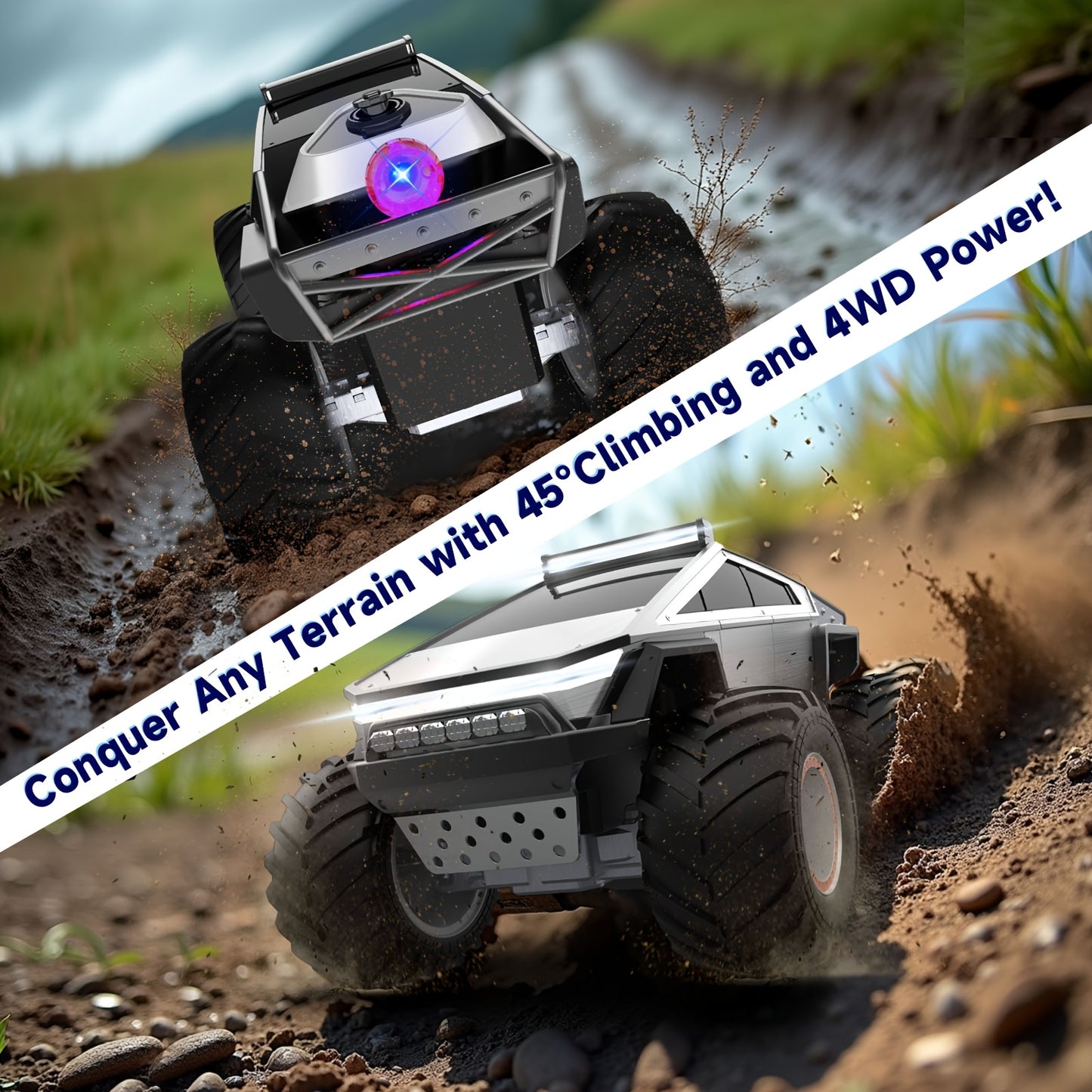 RC Monster Truck 4WD Remote Control Car Off-Road Toy with LED Lights for Kids 6+