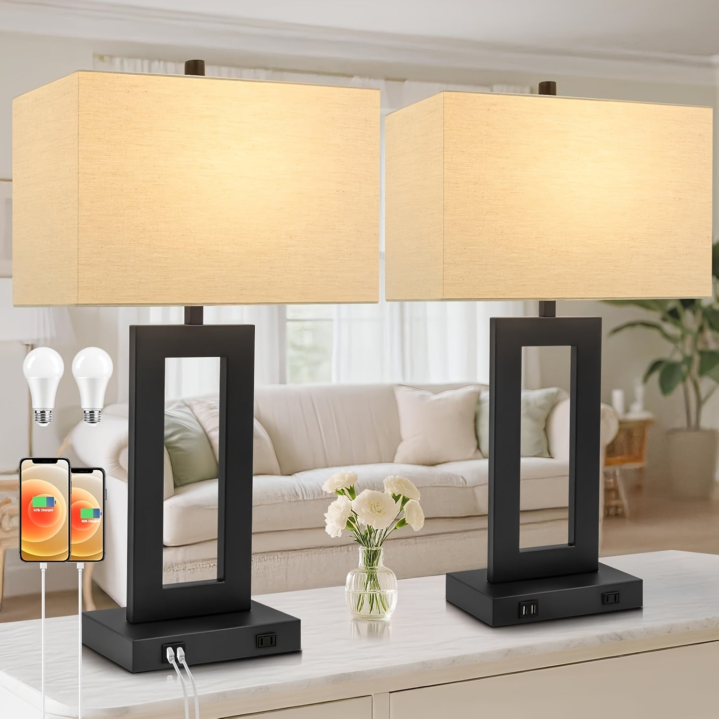 Touch Table Lamps Set of 2, USB, 3-Way Dimmable, Bedside Nightstand Lamp