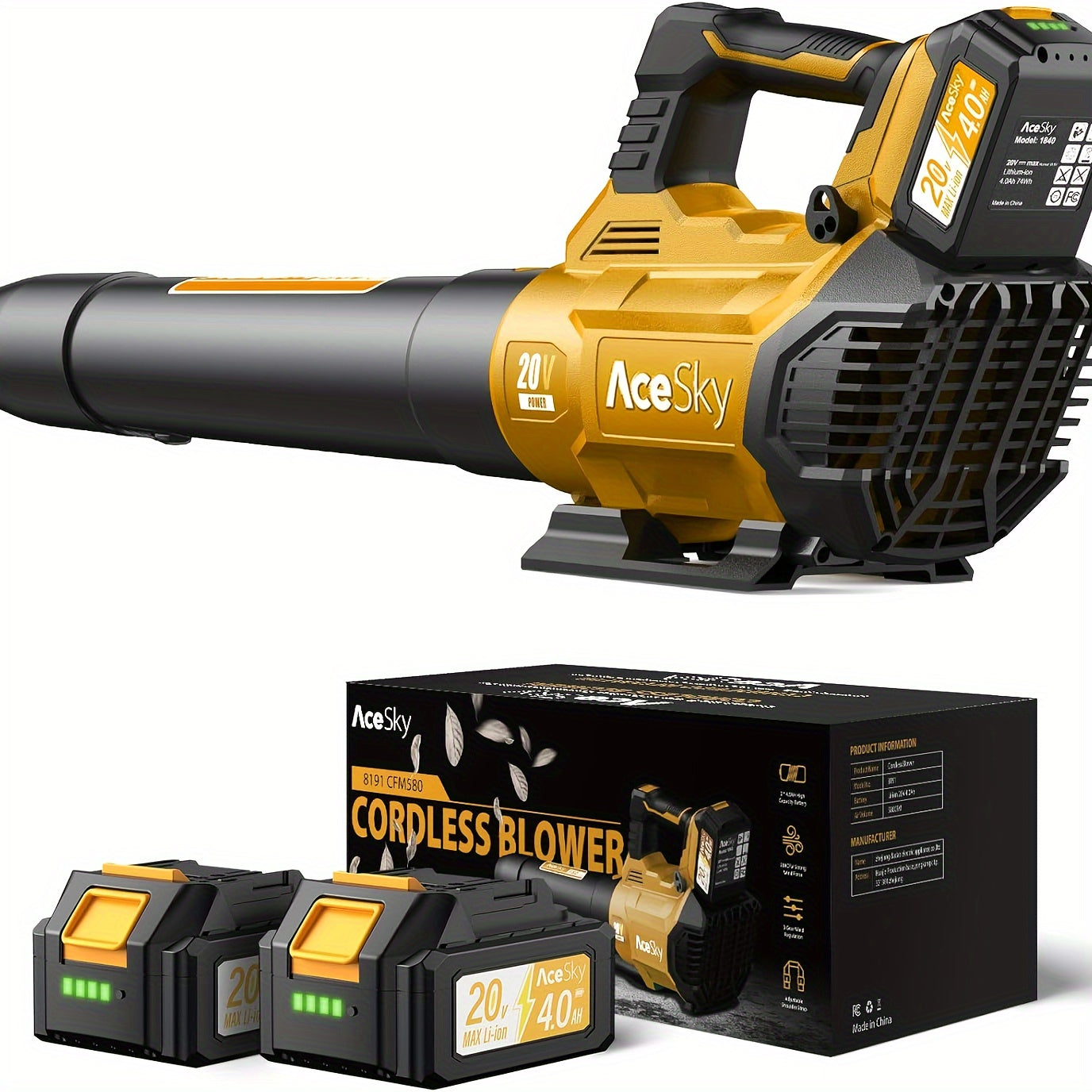 Powerful Cordless Leaf Blower 580CFM 2x4.0Ah Battery, 3-Speed, Lightweight