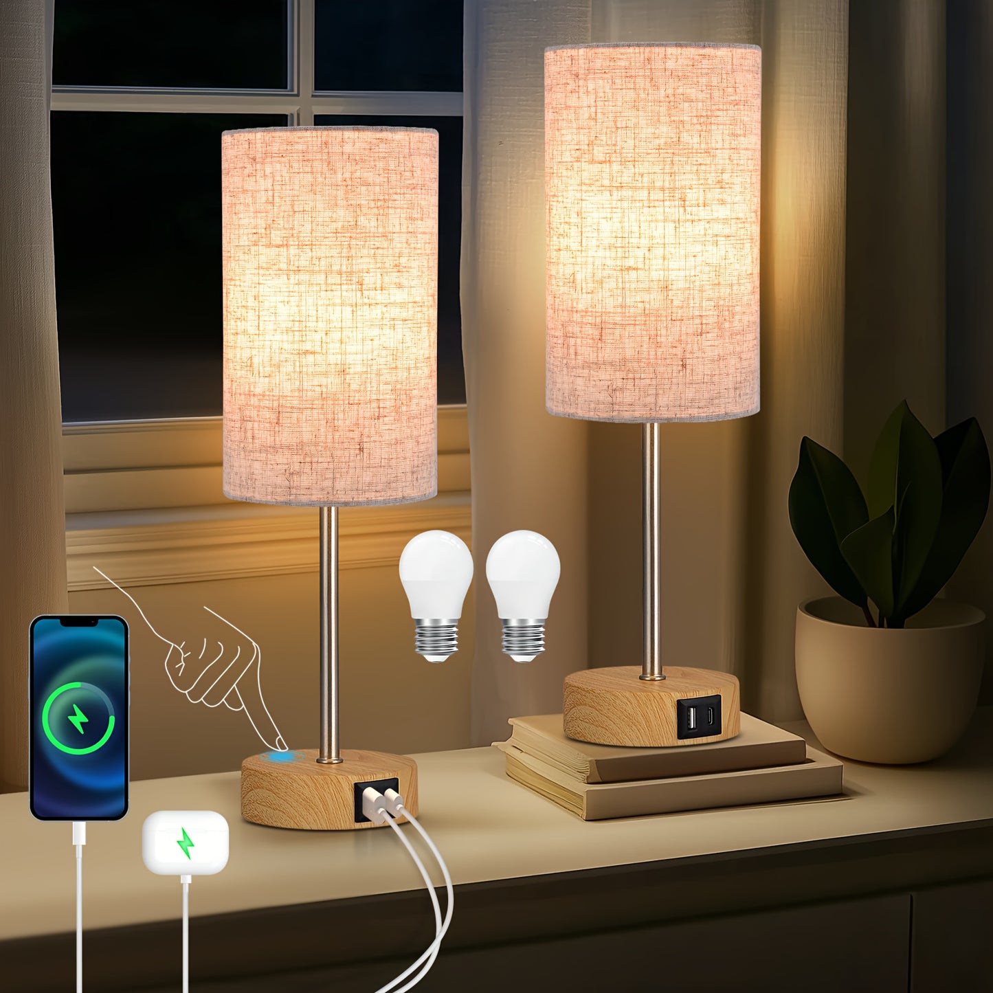 2-Pack Touch Control USB Table Lamps – 3-Way Dimmable LED Bedside Light Set