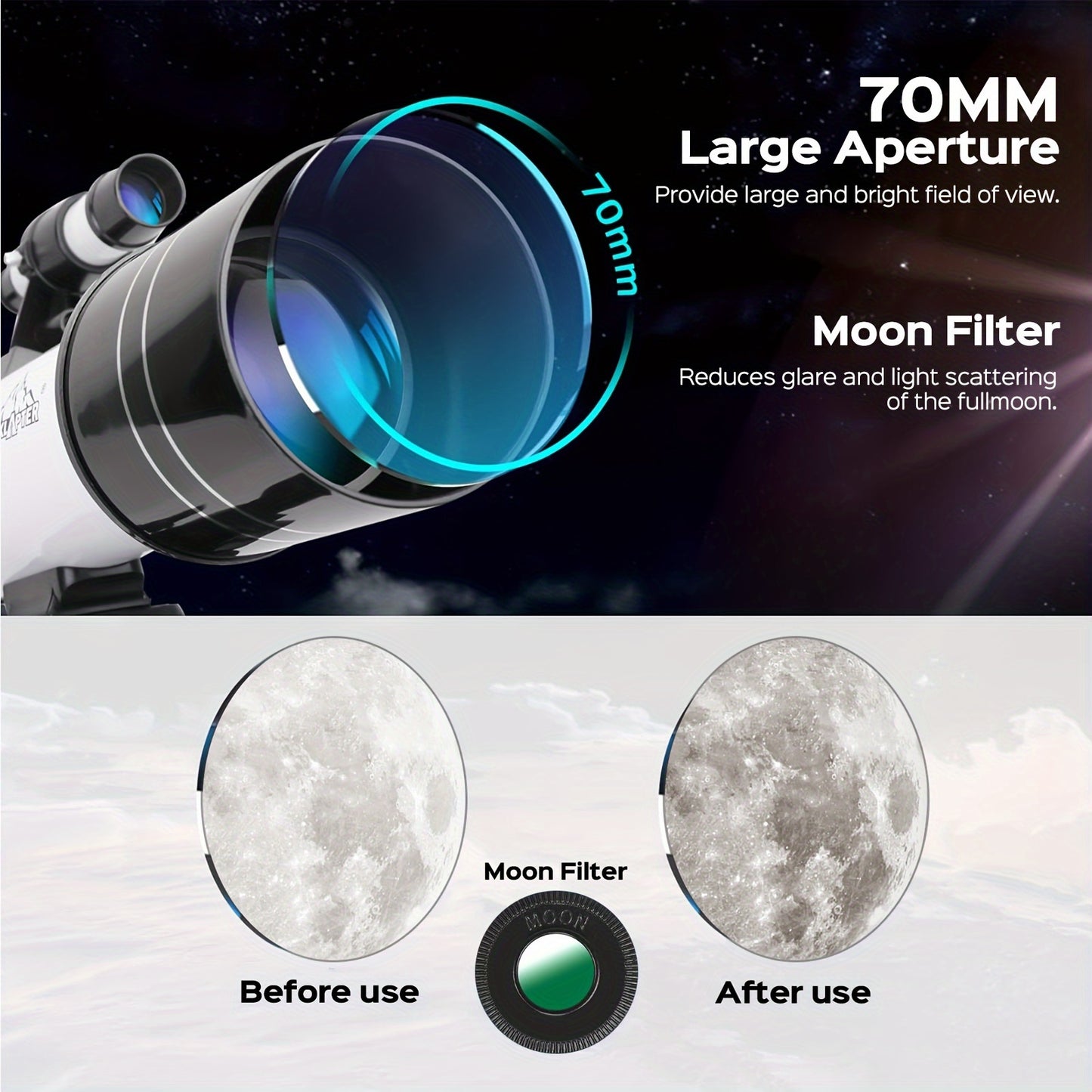 1150X Telescope for Adults, 70mm Refractor with Tripod, Phone Mount, Barlow