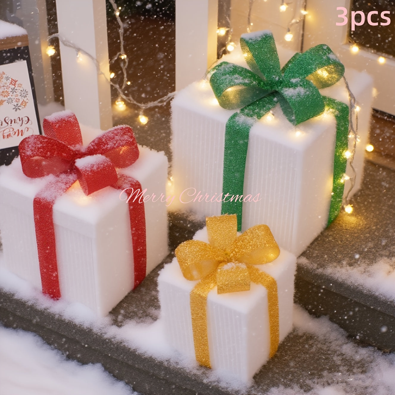 Lighted Christmas Gift Box Set of 3 with LED Lights, Outdoor Indoor Holiday Decor
