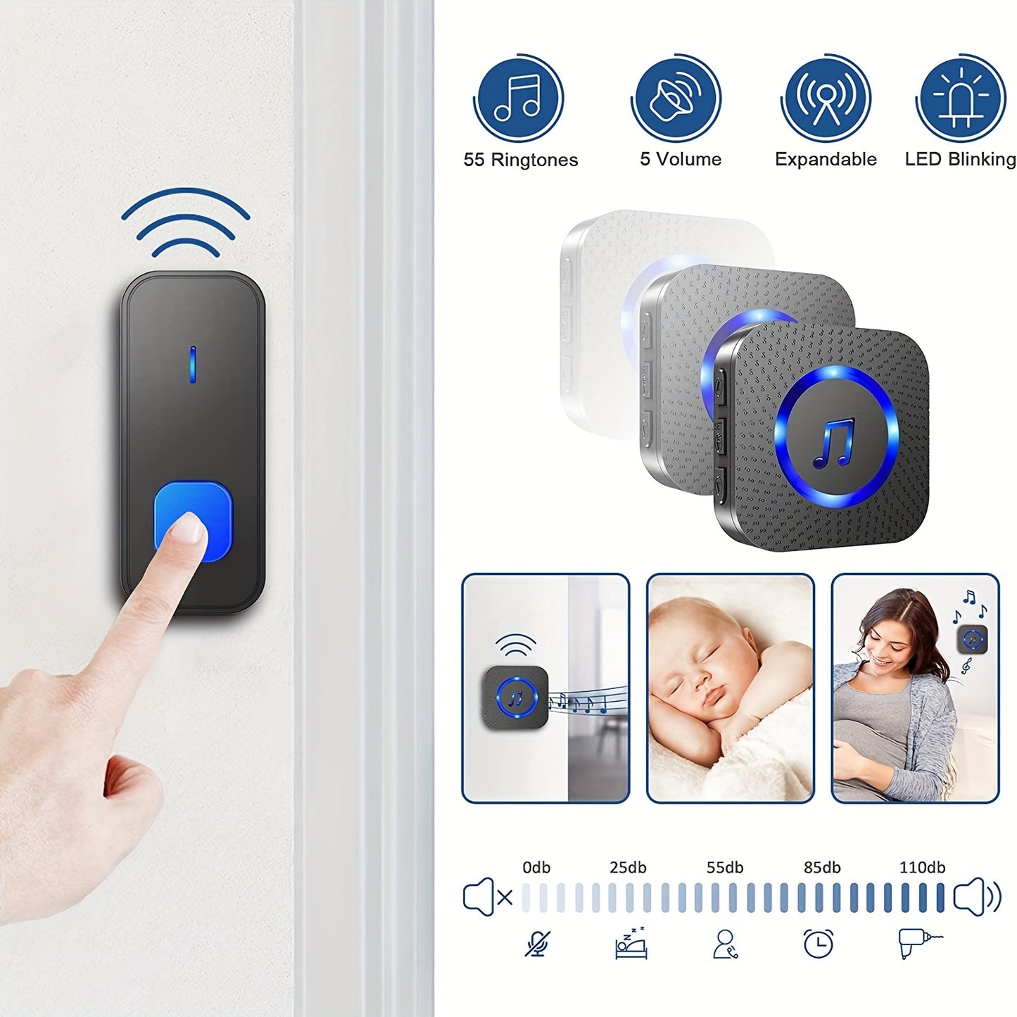 Wireless Doorbell System with 2 Transmitters & 2 Plug-in Receivers, 1000ft Range