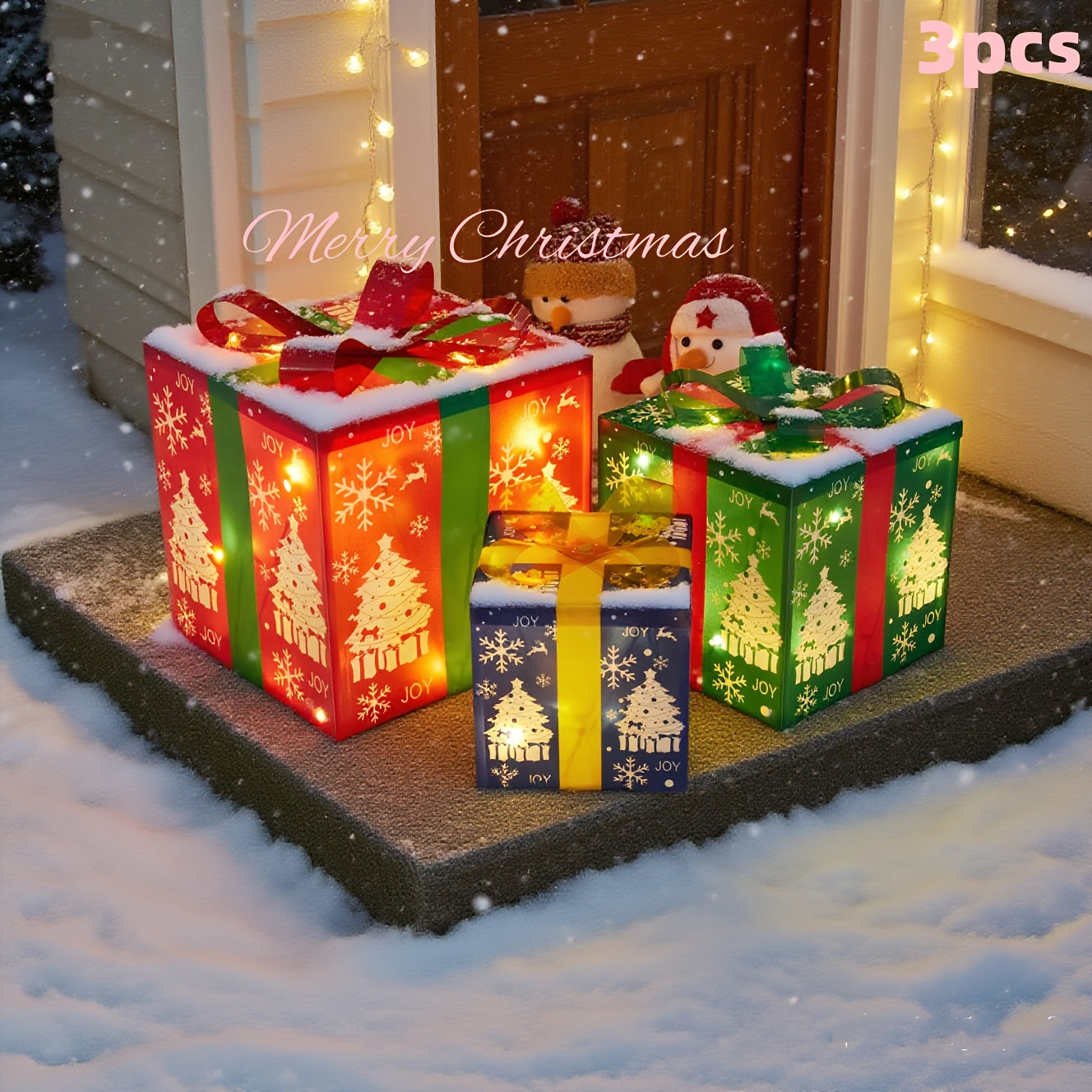 Lighted Christmas Gift Box Set of 3 with LED Lights, Outdoor Indoor Holiday Decor