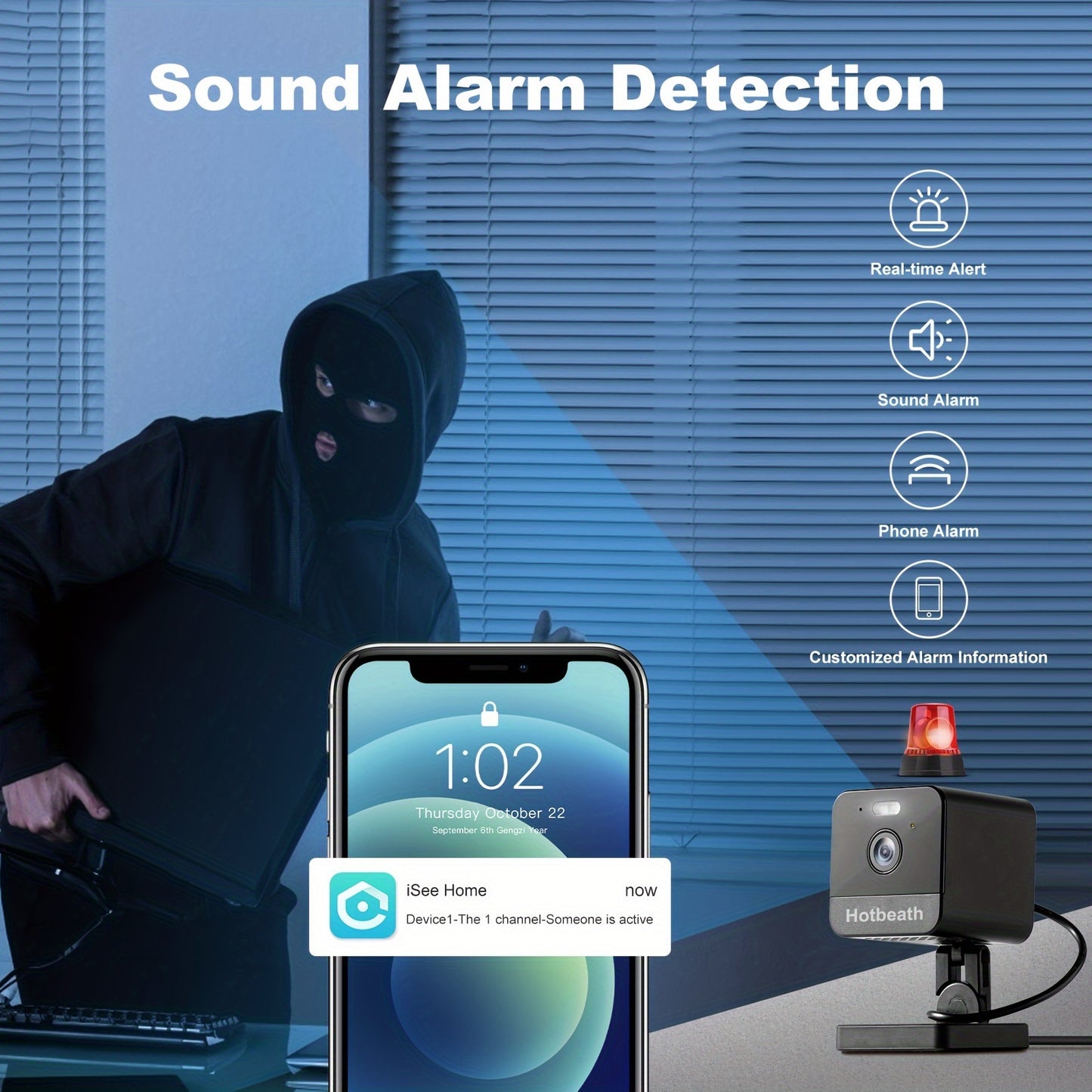 Sound alarm detection system with a smartphone app and security camera, featuring a hooded figure.