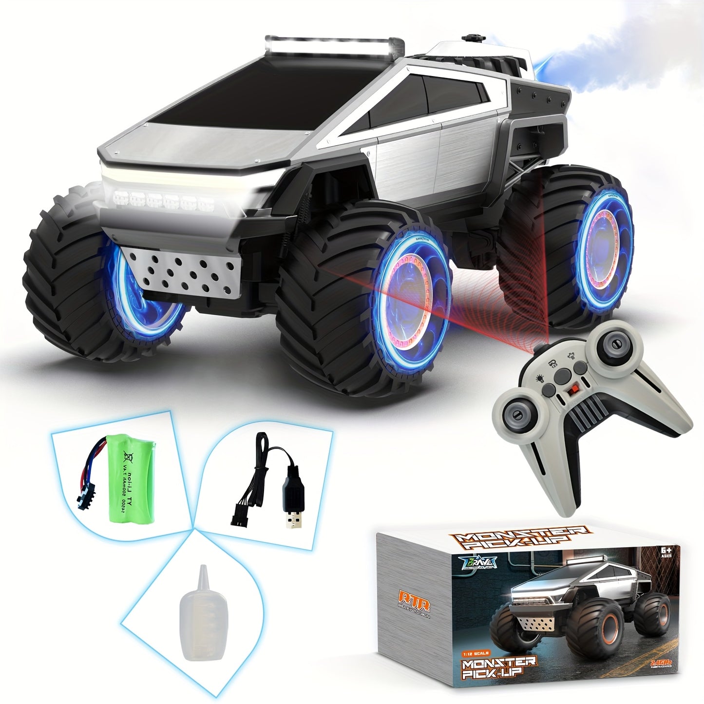 RC Monster Truck 4WD Remote Control Car Off-Road Toy with LED Lights for Kids 6+