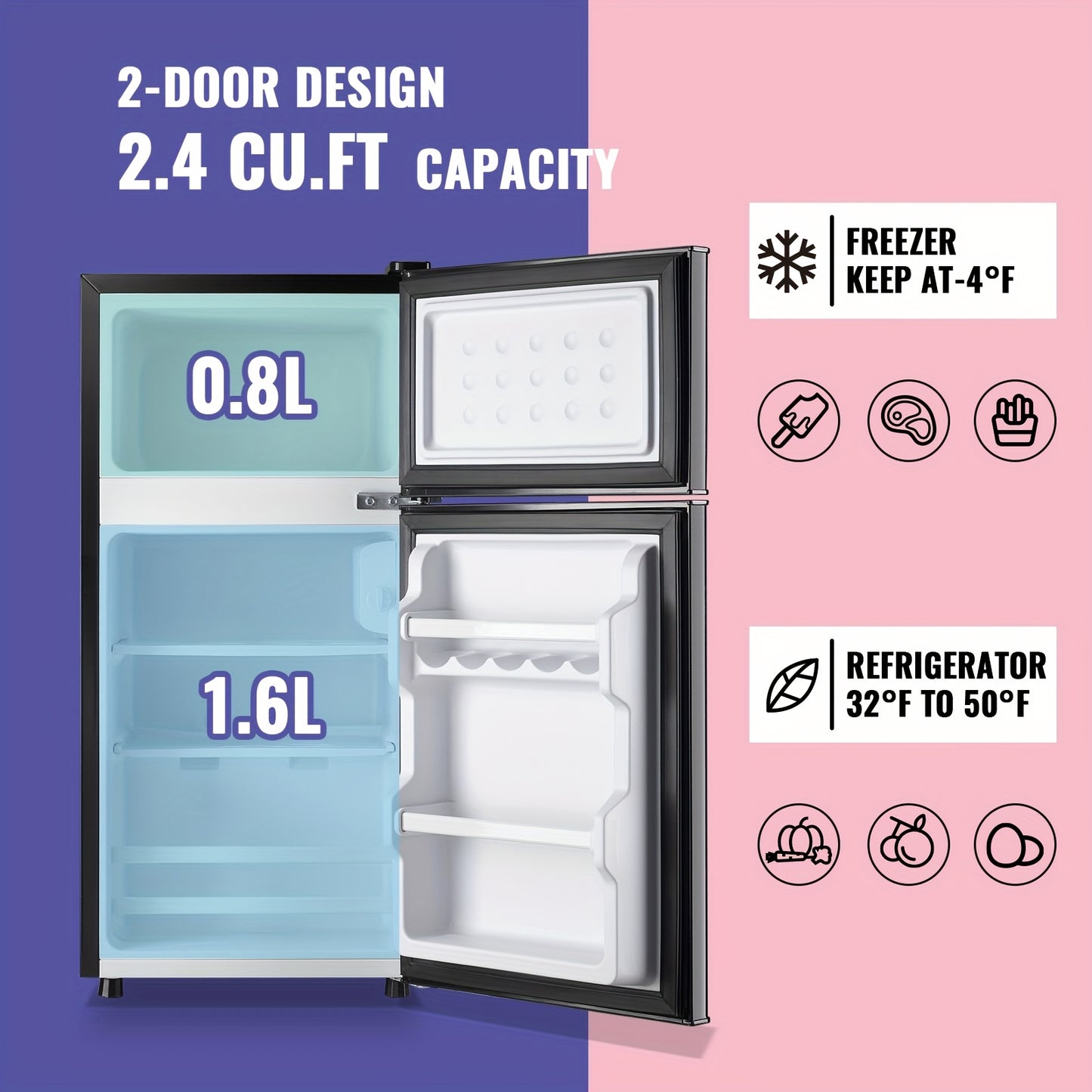 Moktan Sabai 2.6 Cu.Ft Mini Fridge with Freezer, Compact Double Door Refrigerator
