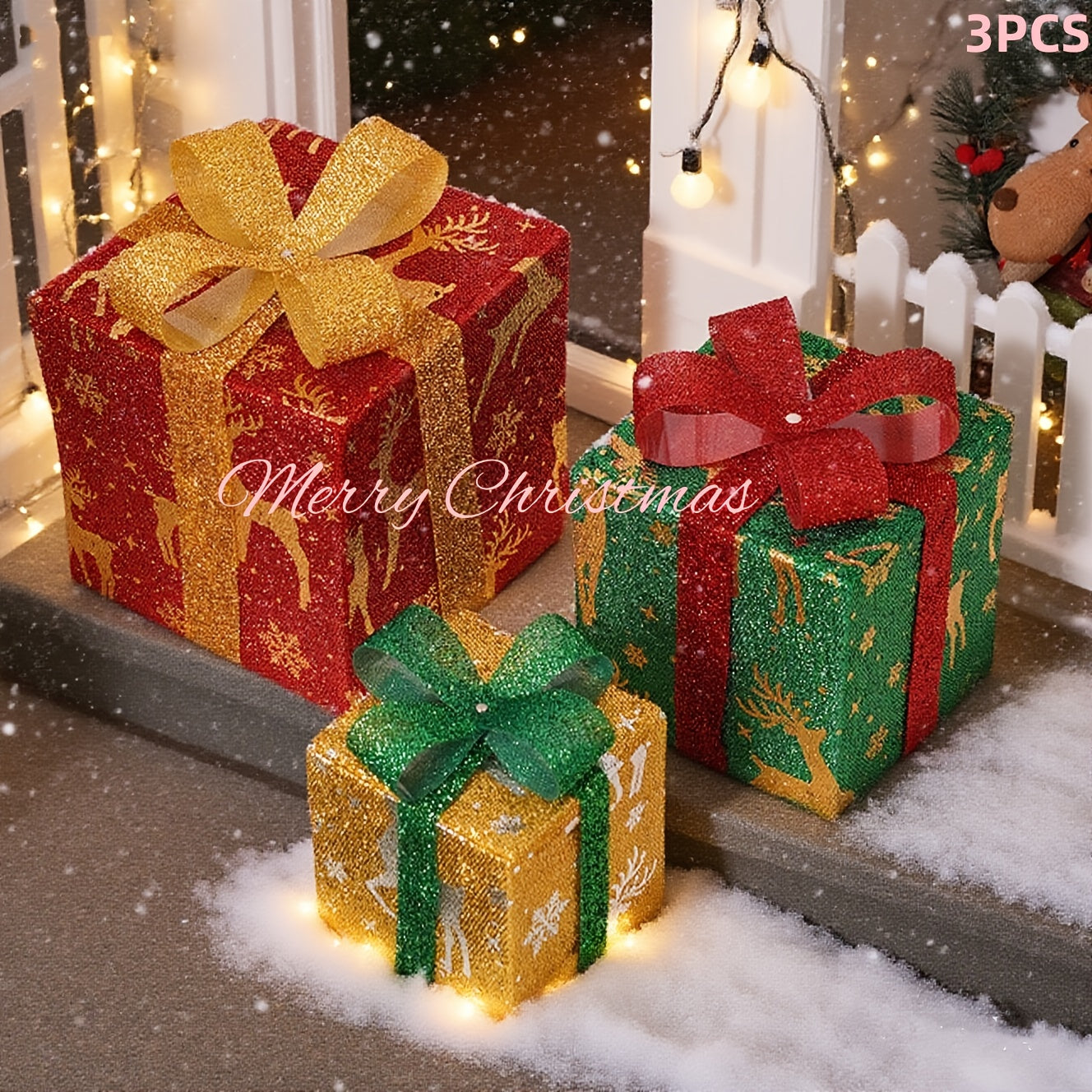Lighted Christmas Gift Box Set of 3 with LED Lights, Outdoor Indoor Holiday Decor