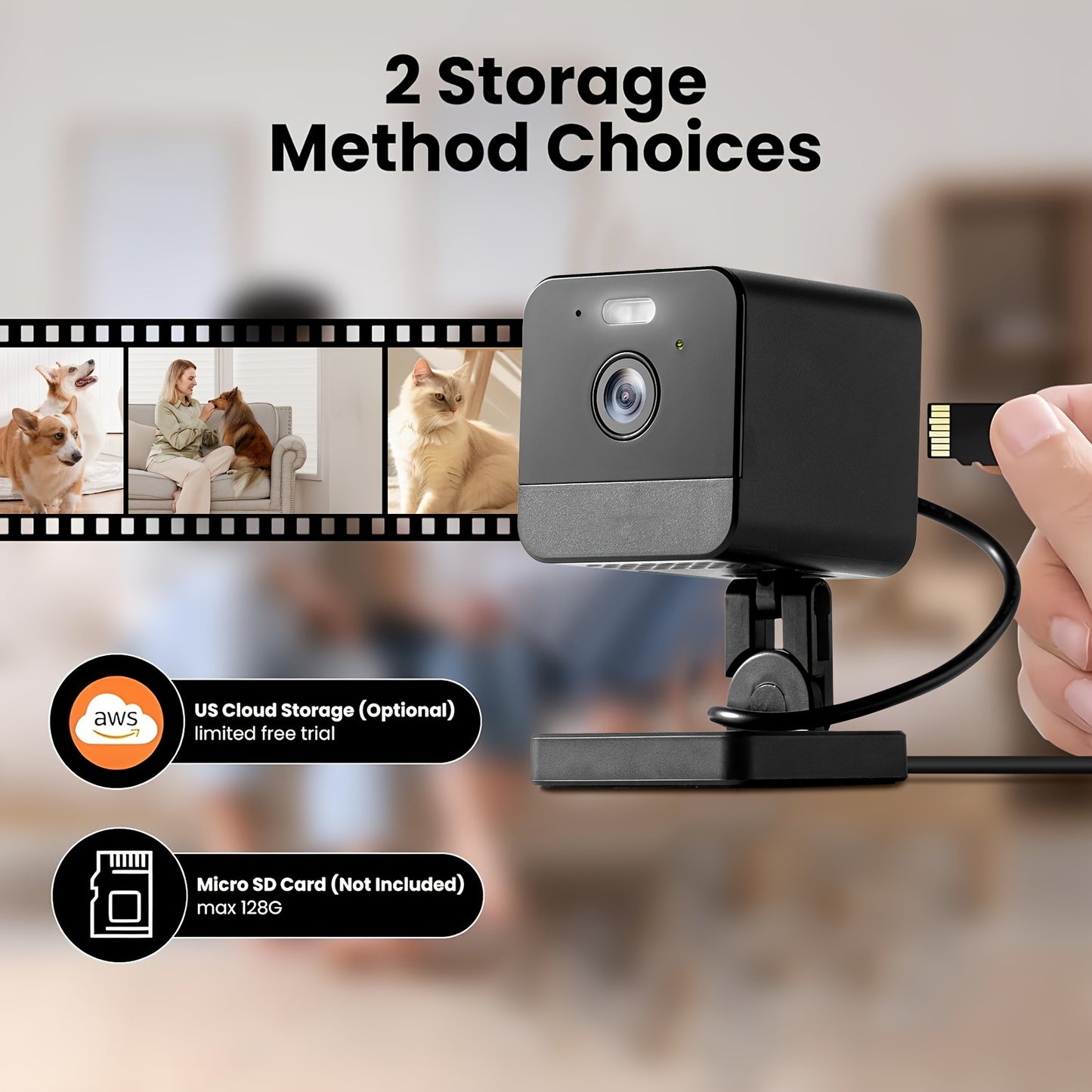Camera with storage method choices displayed on a blurred background