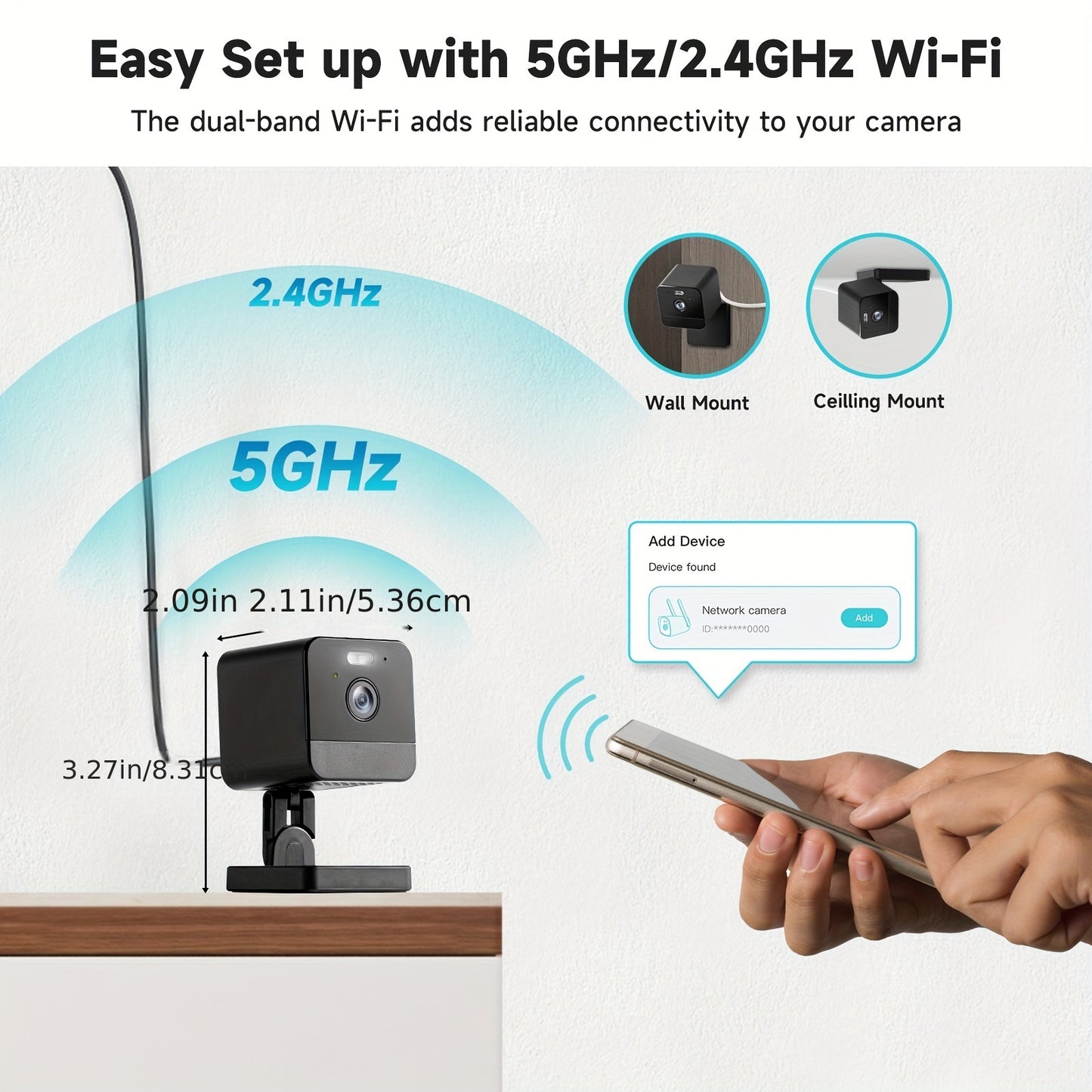 Wireless camera with dual-band Wi-Fi setup on a white background
