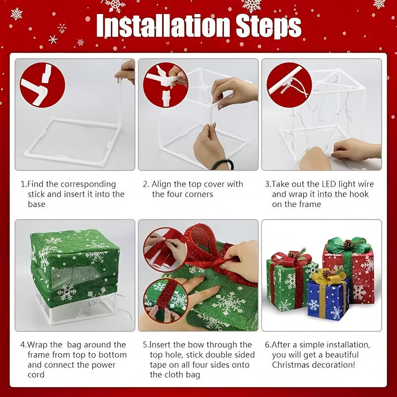 Lighted Christmas Gift Box Set of 3 with LED Lights, Outdoor Indoor Holiday Decor