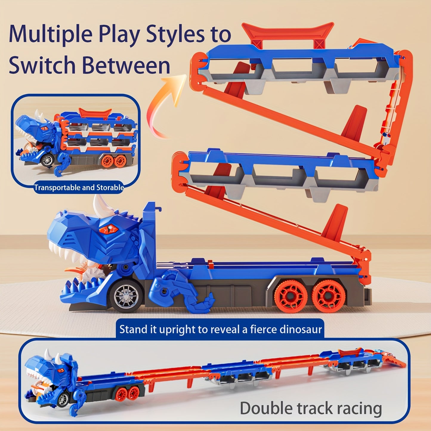 Dinosaur Race Track Car Toy Set for Boys | 12 Cars & Dino Transporter Truck