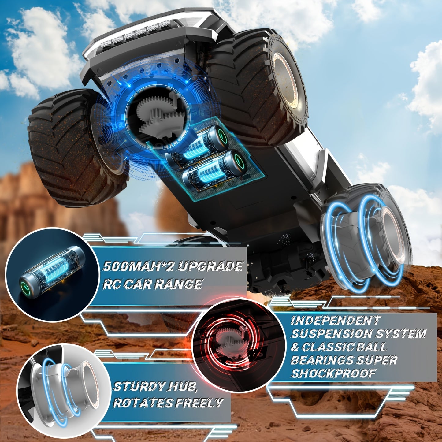 RC Monster Truck 4WD Remote Control Car Off-Road Toy with LED Lights for Kids 6+