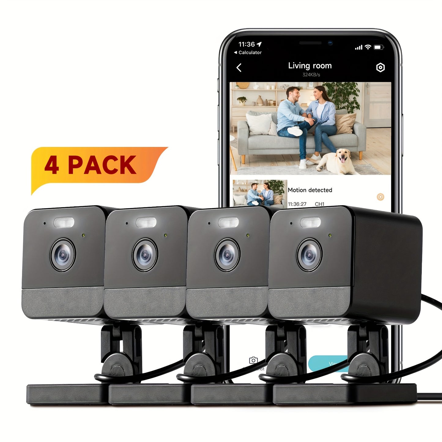 Four security cameras with a smartphone displaying a live feed on a white background