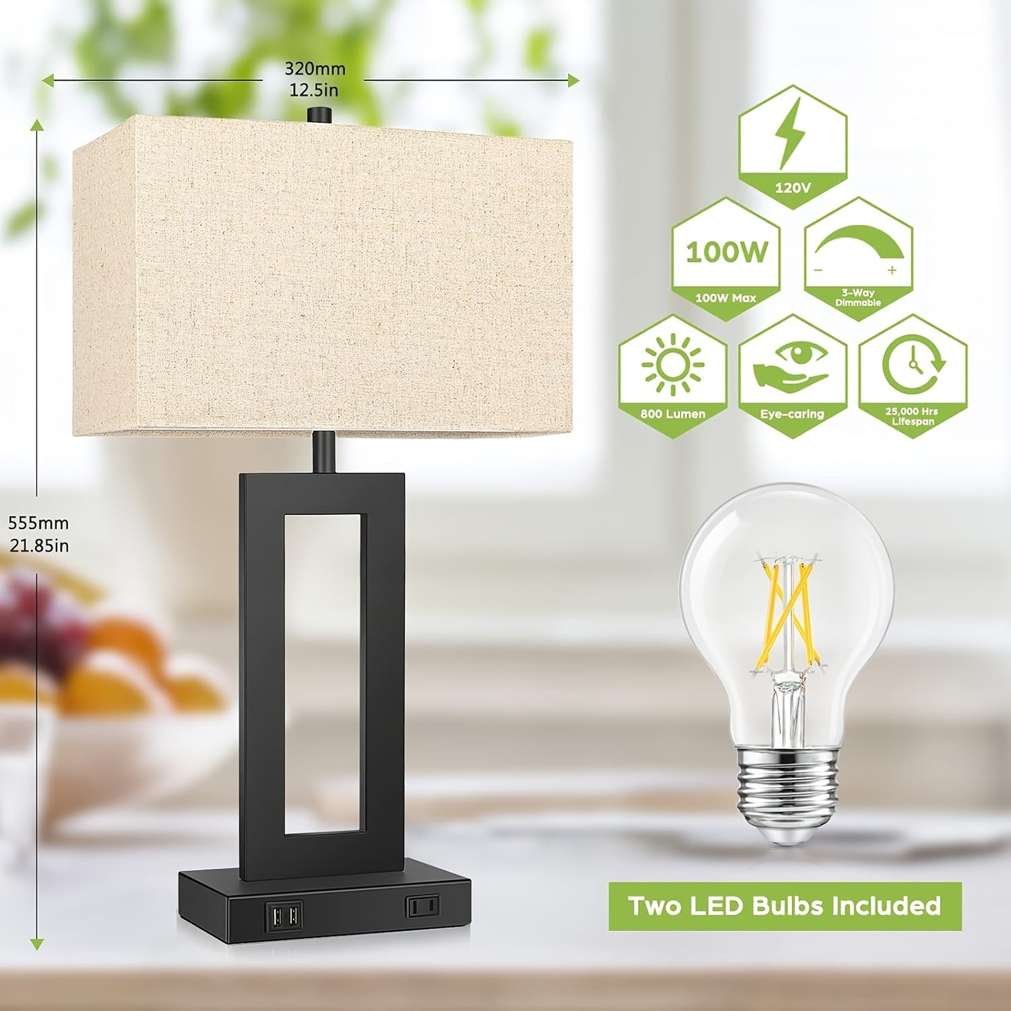 Touch Table Lamps Set of 2, USB, 3-Way Dimmable, Bedside Nightstand Lamp