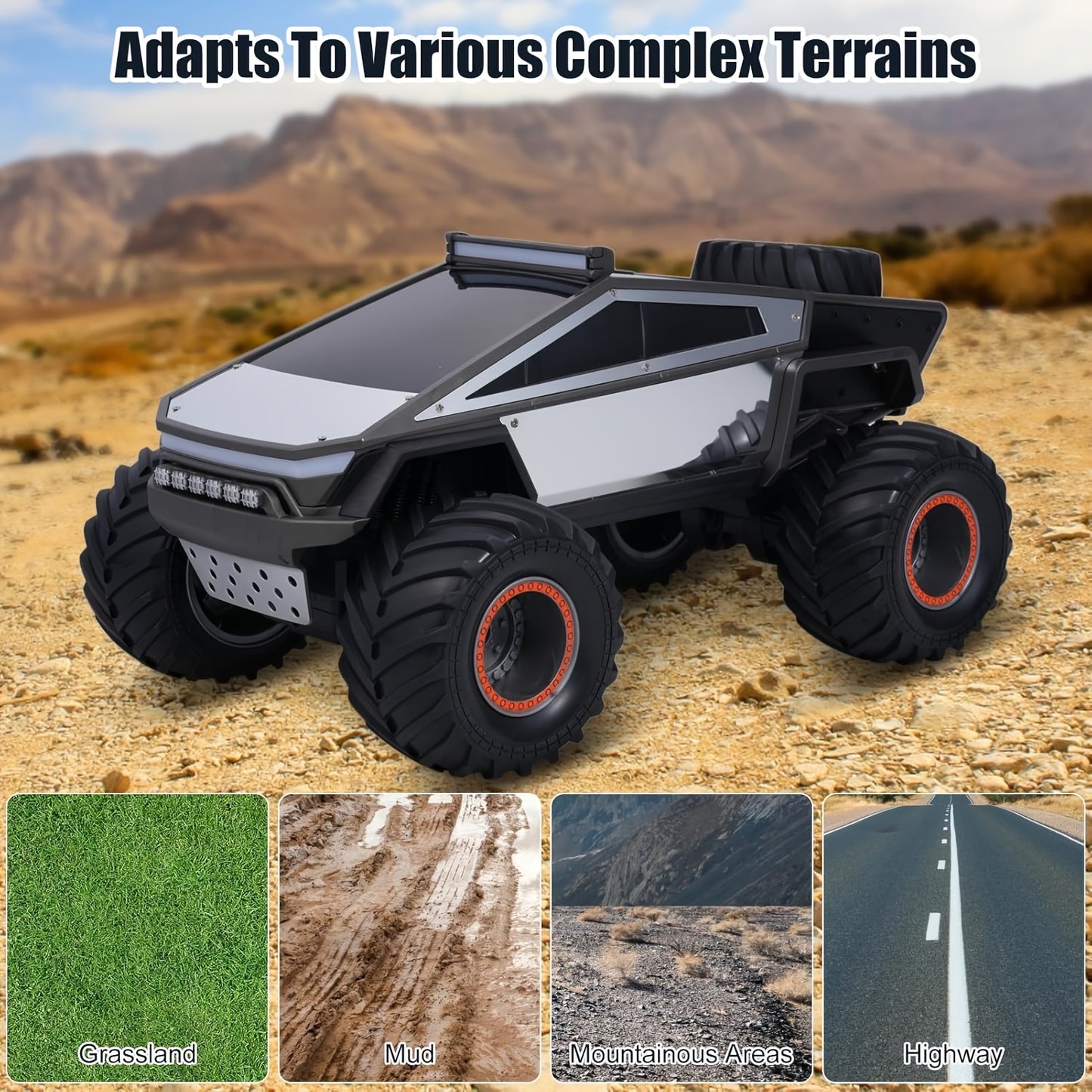 RC Monster Truck 4WD Remote Control Car Off-Road Toy with LED Lights for Kids 6+
