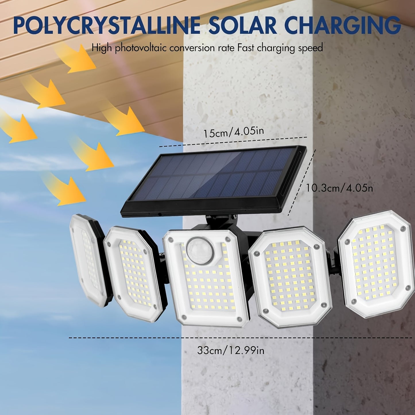 Solar Motion Sensor Flood Light – 300 LED, 5-Head, 7000K, Remote, Outdoor Use