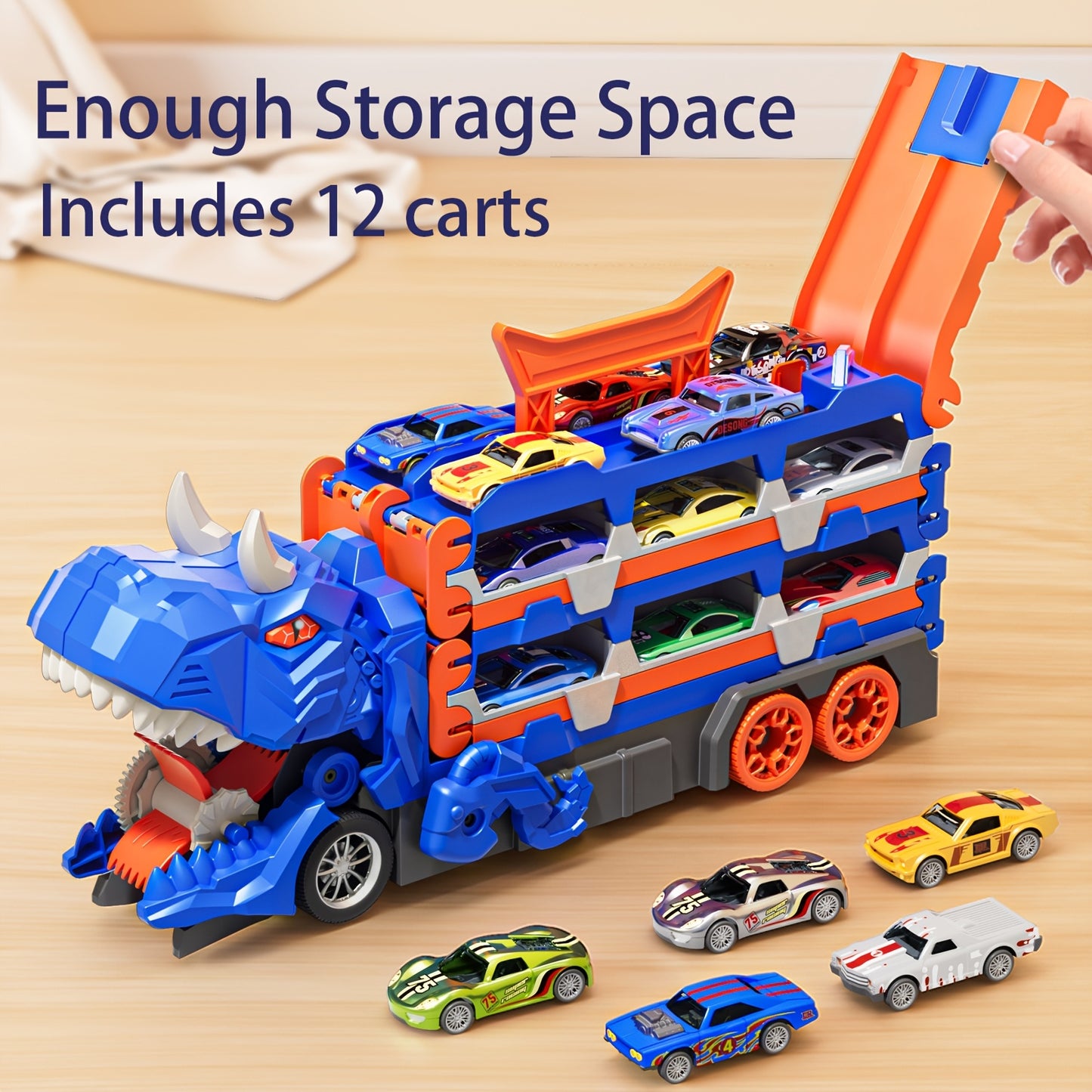Dinosaur Race Track Car Toy Set for Boys | 12 Cars & Dino Transporter Truck