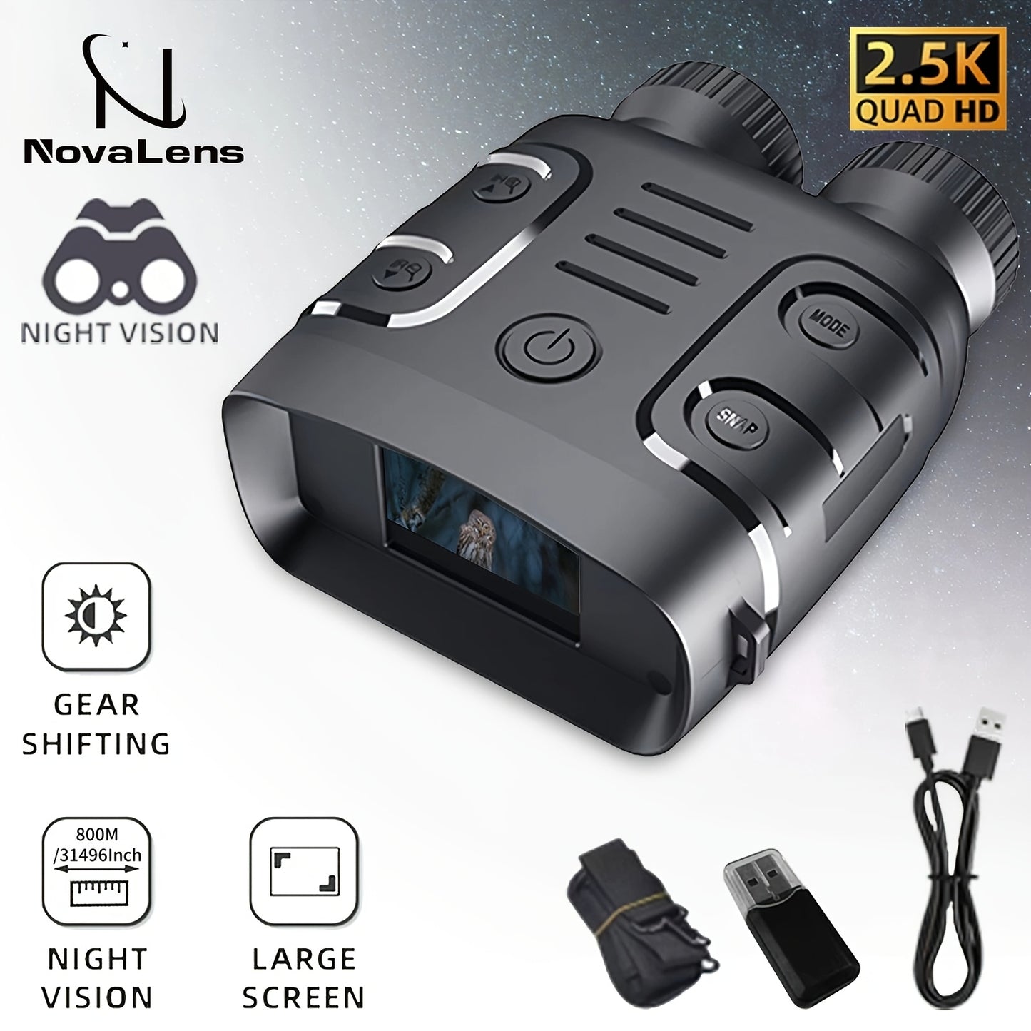 2.5K Night Vision Binoculars with Zoom & Recording, 800m Infrared Goggles Outdoor