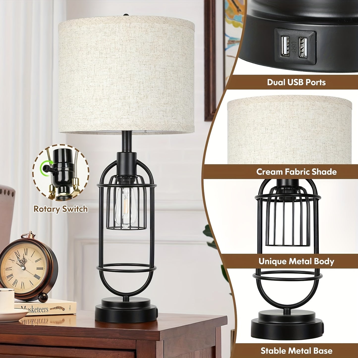 Farmhouse Table Lamps Set of 2, 29" Tall, USB, 2-Light Bedside Lamps, E26