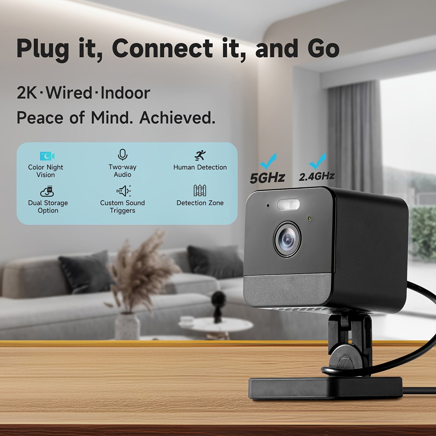 Security camera on a table with a living room background, featuring text about connectivity and features.