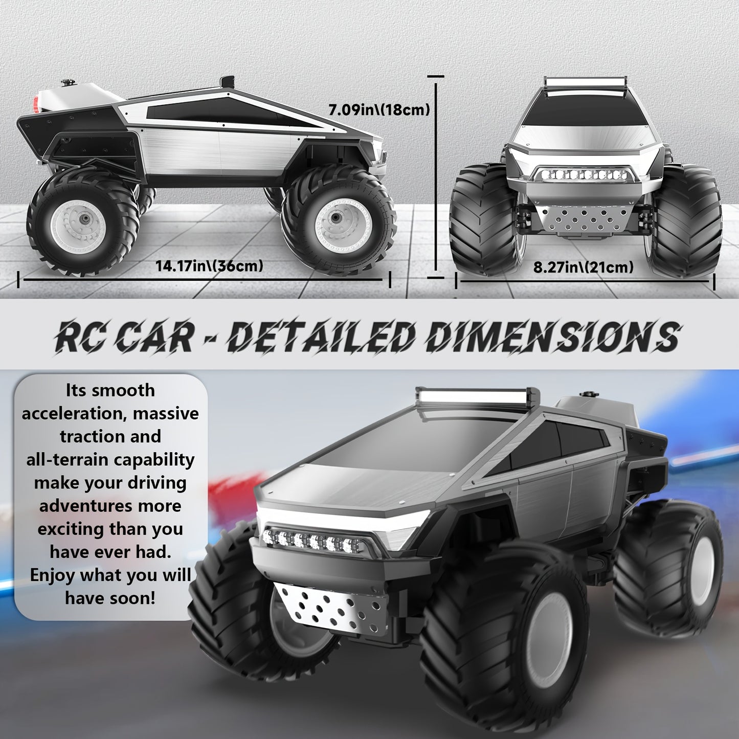 RC Monster Truck 4WD Remote Control Car Off-Road Toy with LED Lights for Kids 6+