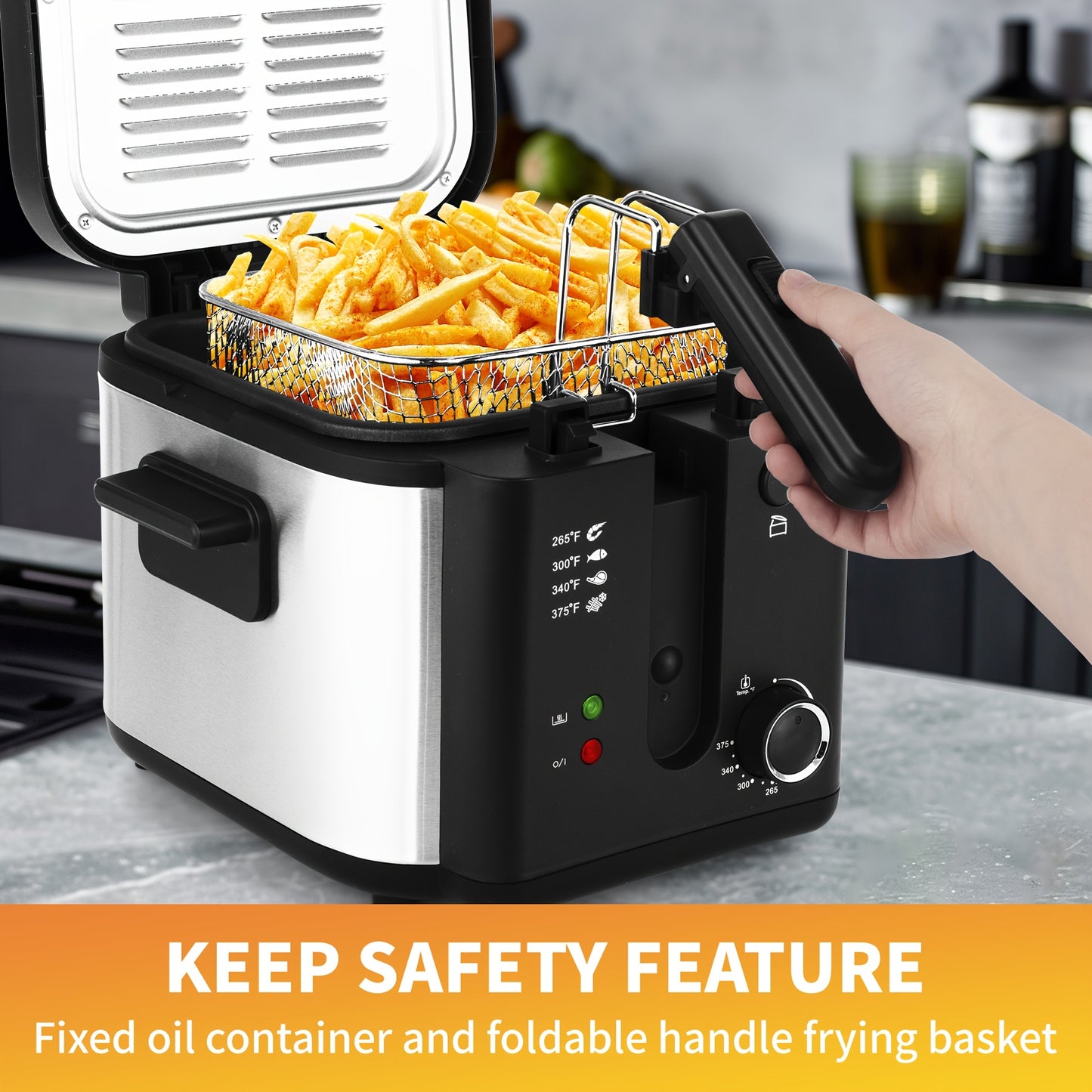 1500W Electric Deep Fryer with Basket, 84.5oz Family Size, Adjustable Temp & Easy Clean