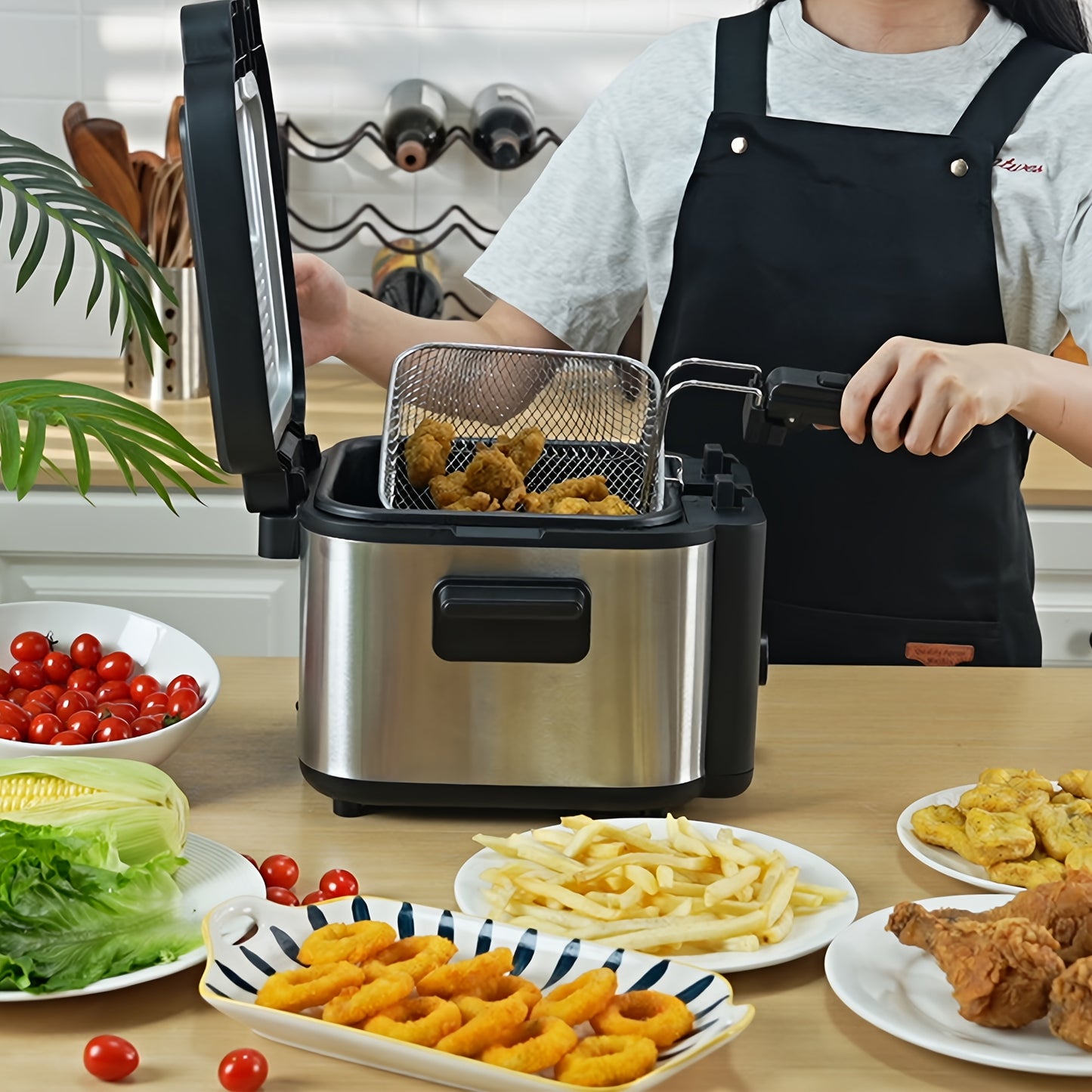 1500W Electric Deep Fryer with Basket, 84.5oz Family Size, Adjustable Temp & Easy Clean