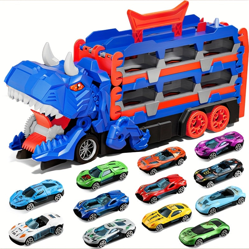 Dinosaur Race Track Car Toy Set for Boys | 12 Cars & Dino Transporter Truck