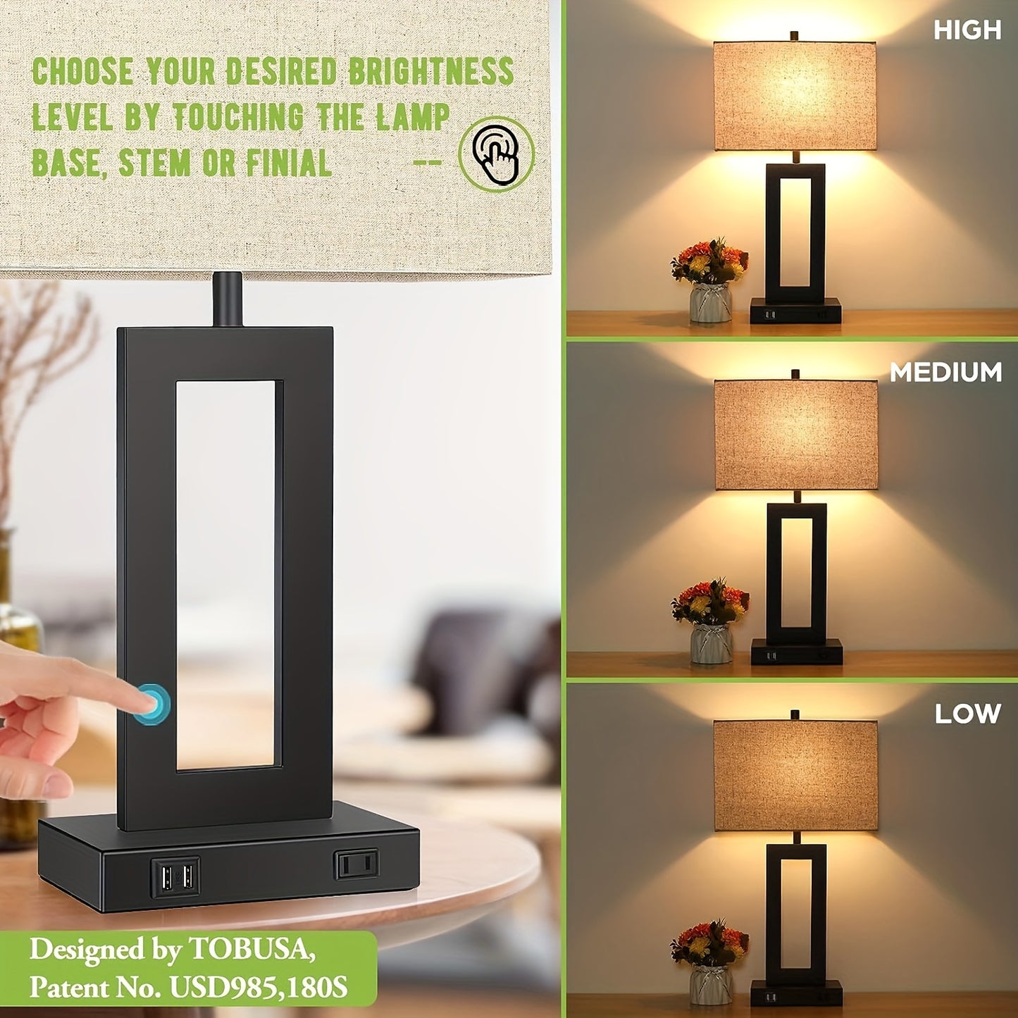 Touch Table Lamps Set of 2, USB, 3-Way Dimmable, Bedside Nightstand Lamp