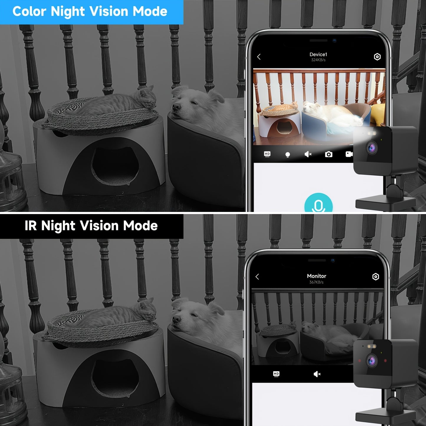 Comparison of Color Night Vision and IR Night Vision modes on a smartphone app displaying a dog in a pet bed.