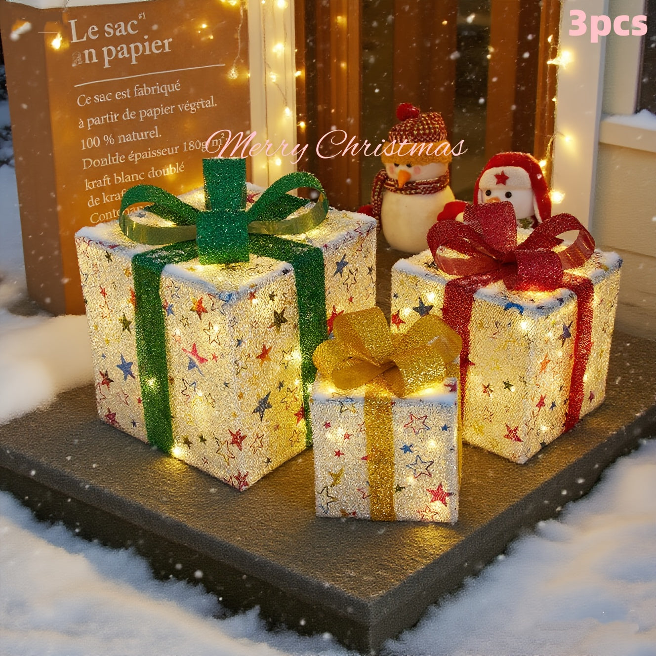 Lighted Christmas Gift Box Set of 3 with LED Lights, Outdoor Indoor Holiday Decor