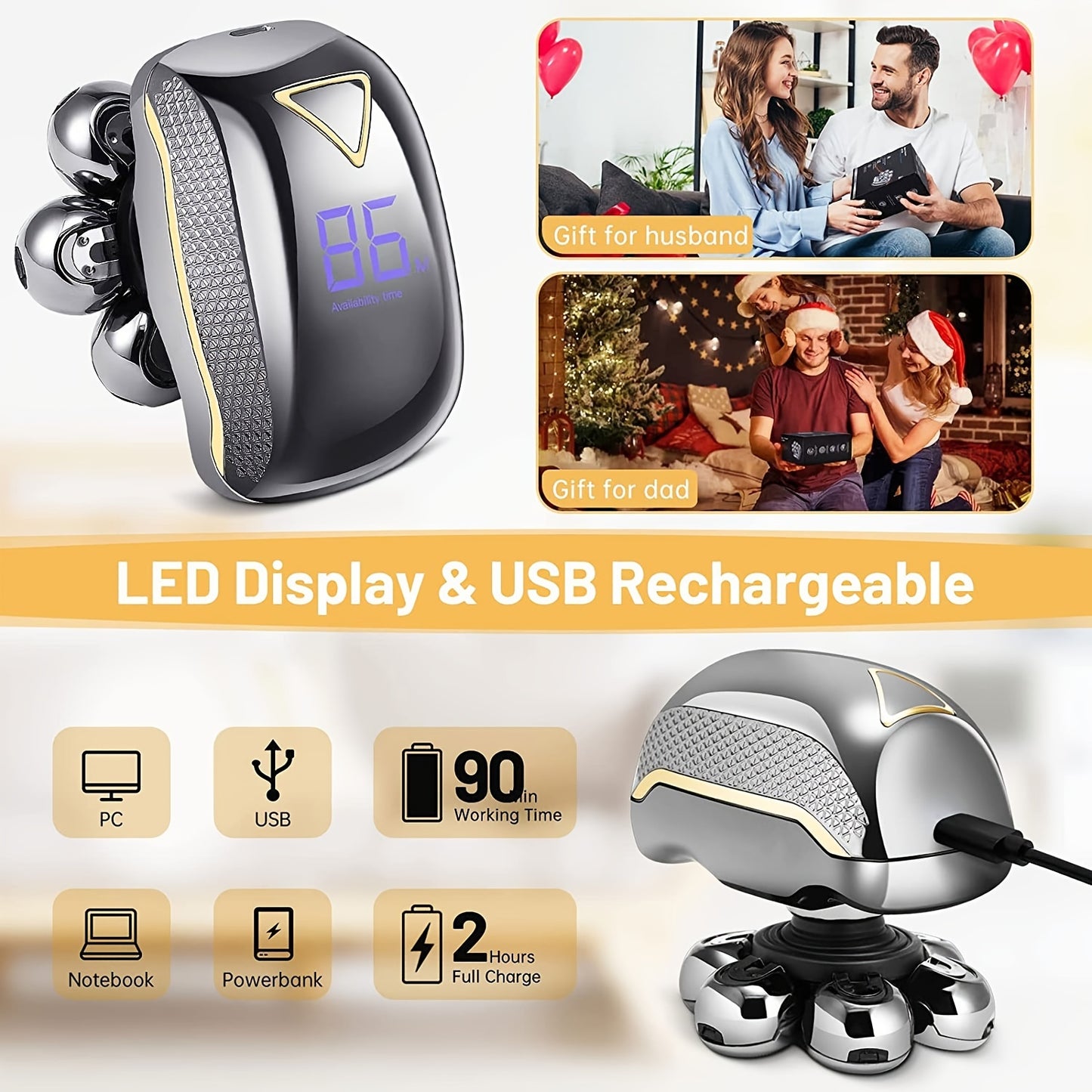 6-in-1 Rechargeable Head Shaver for Men – Wet Dry Razor, Beard Trimmer, Clippers