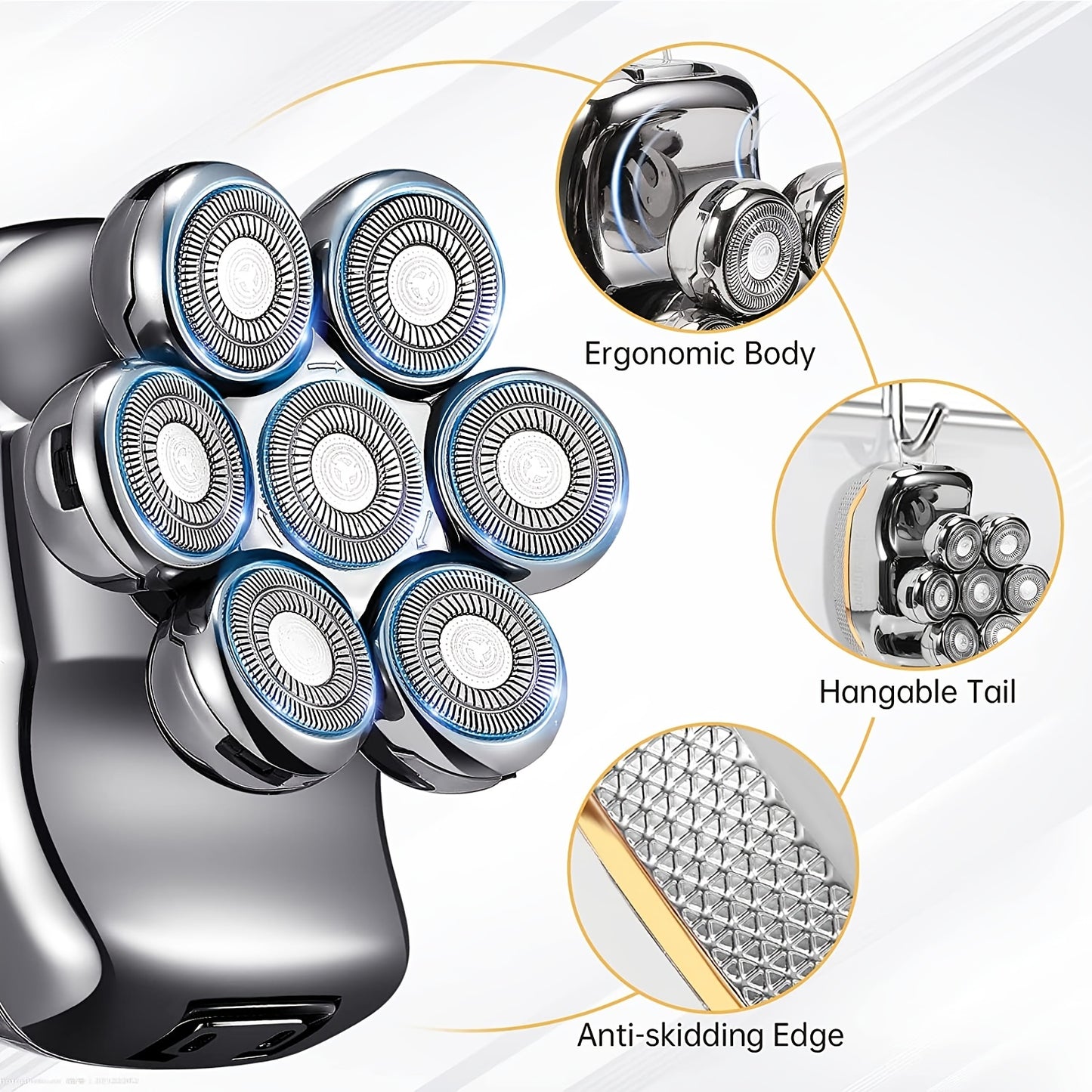6-in-1 Rechargeable Head Shaver for Men – Wet Dry Razor, Beard Trimmer, Clippers