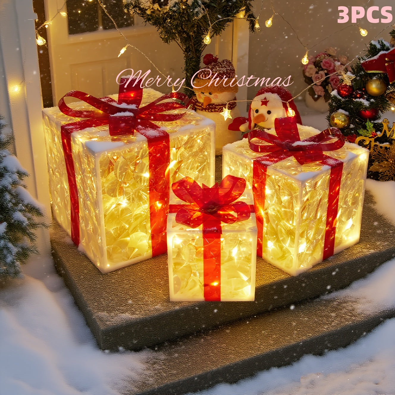 Lighted Christmas Gift Box Set of 3 with LED Lights, Outdoor Indoor Holiday Decor