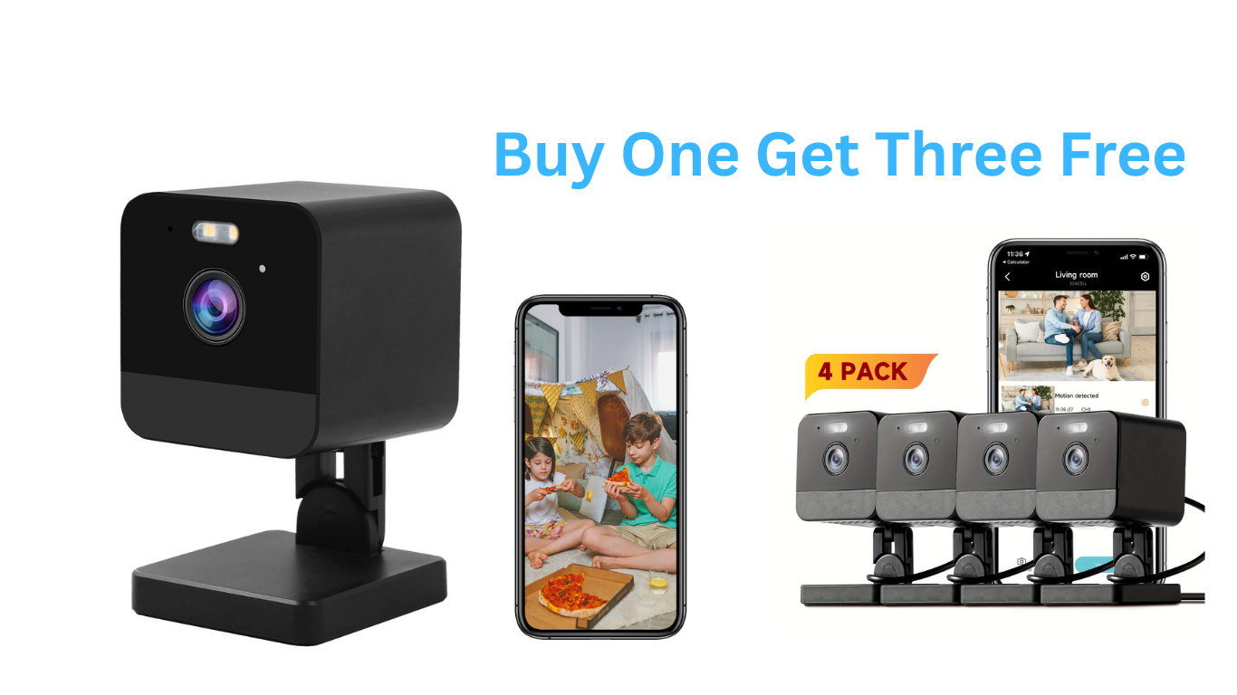 Black security camera with smartphone app interface and 'Buy One Get Three Free' offer text.