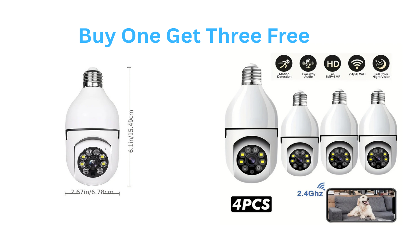 Set of security cameras with a 'Buy One Get Three Free' offer on a white background.