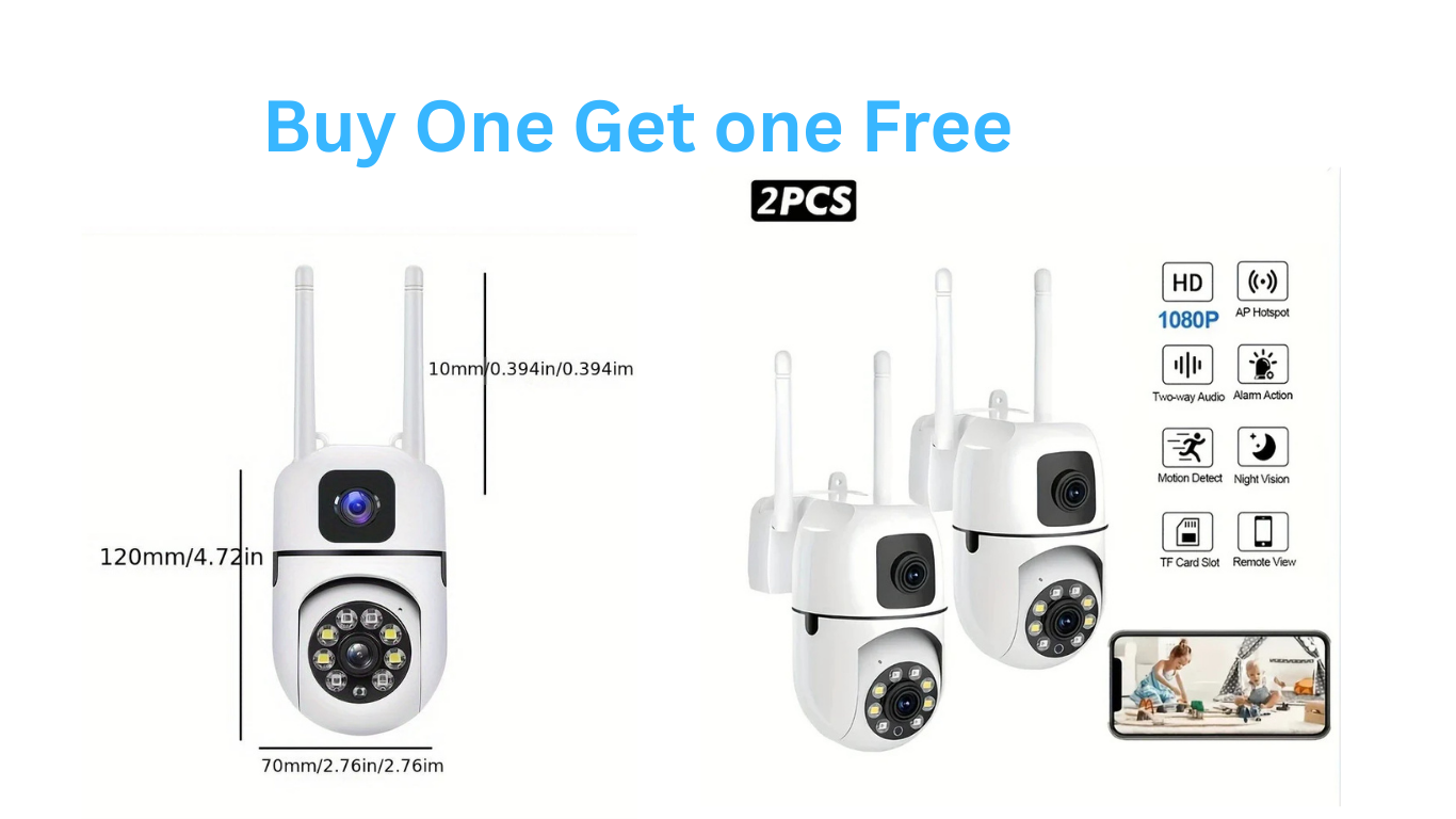 Two wireless security cameras with dimensions and features displayed on a white background.