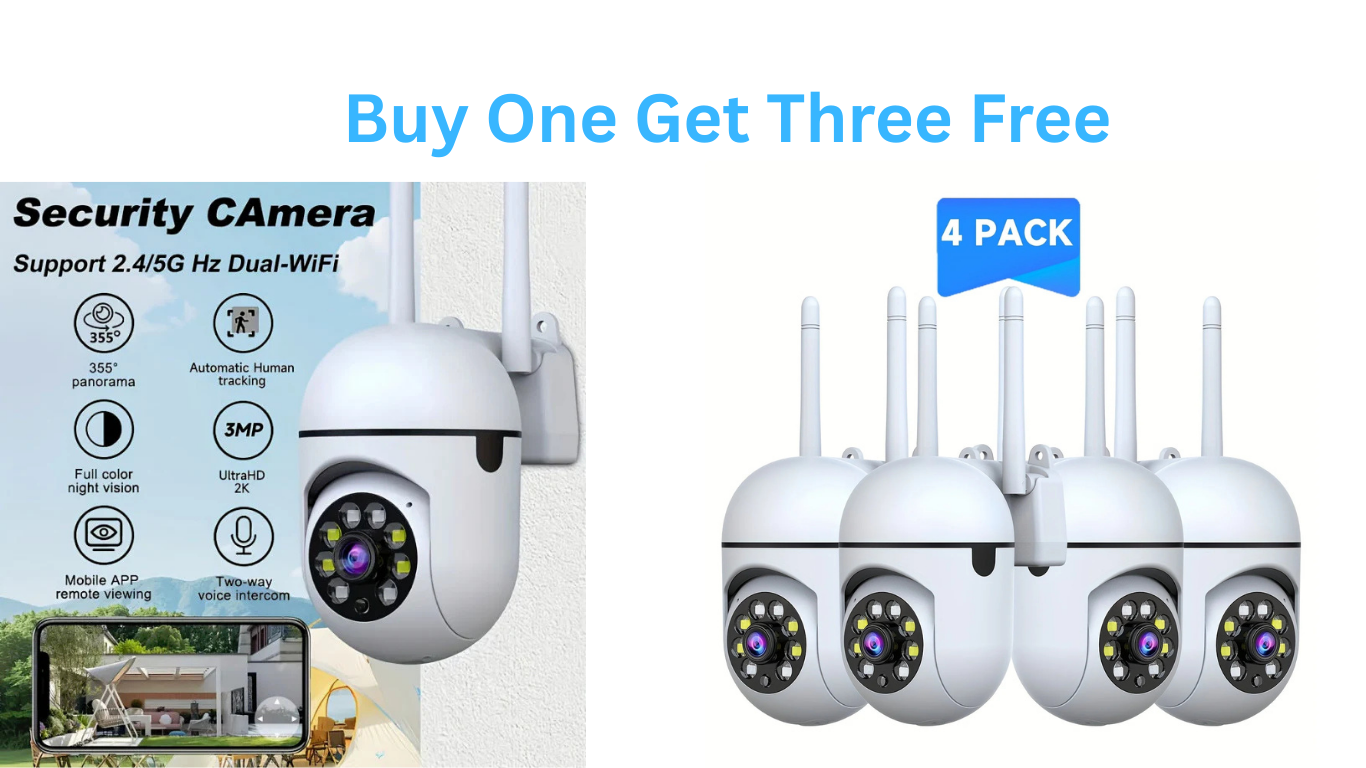 Security camera with 'Buy One Get Three Free' offer on a white background