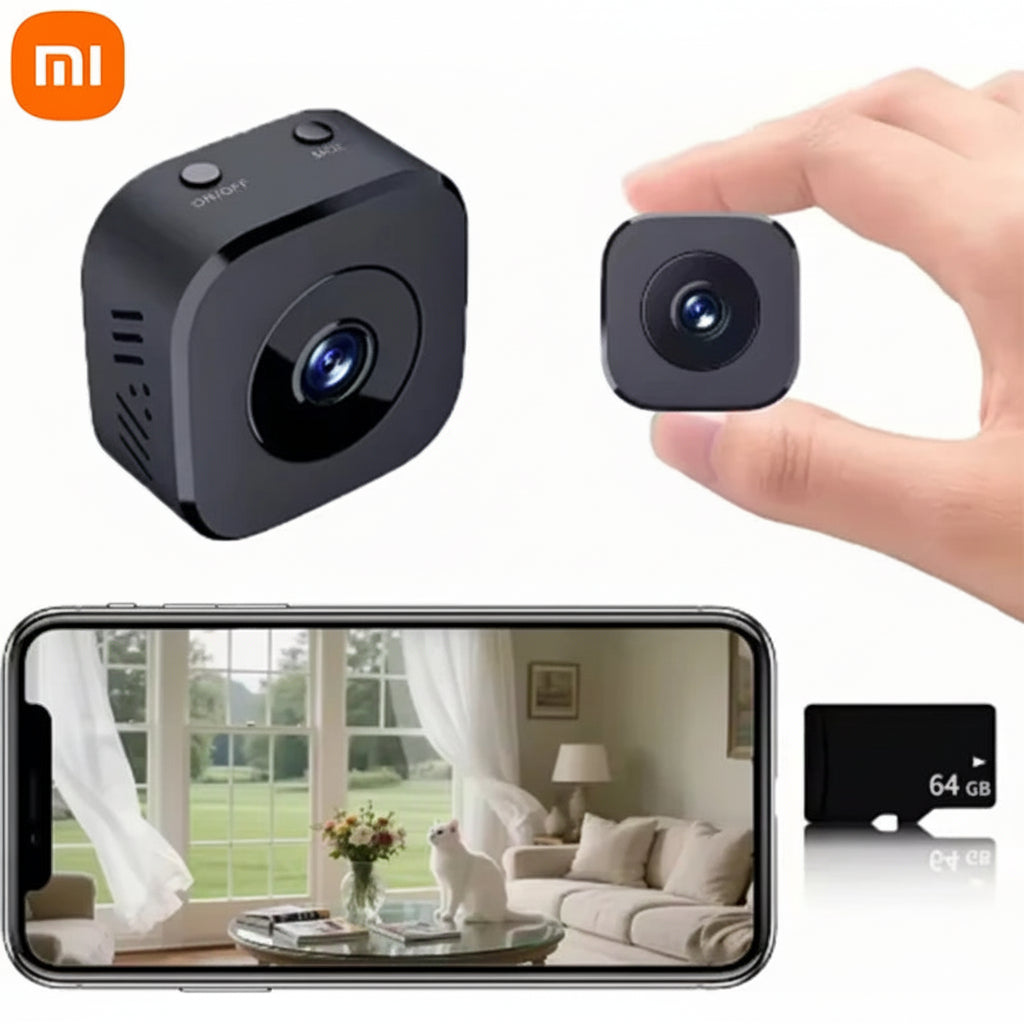 Small black camera with smartphone display, hand holding camera, and 64GB memory card on a white background.