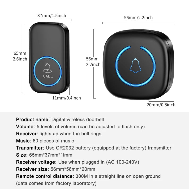 Wireless Doorbell Long Range 300M Smart Door Chime with 60 Melodies Plug-In Receiver