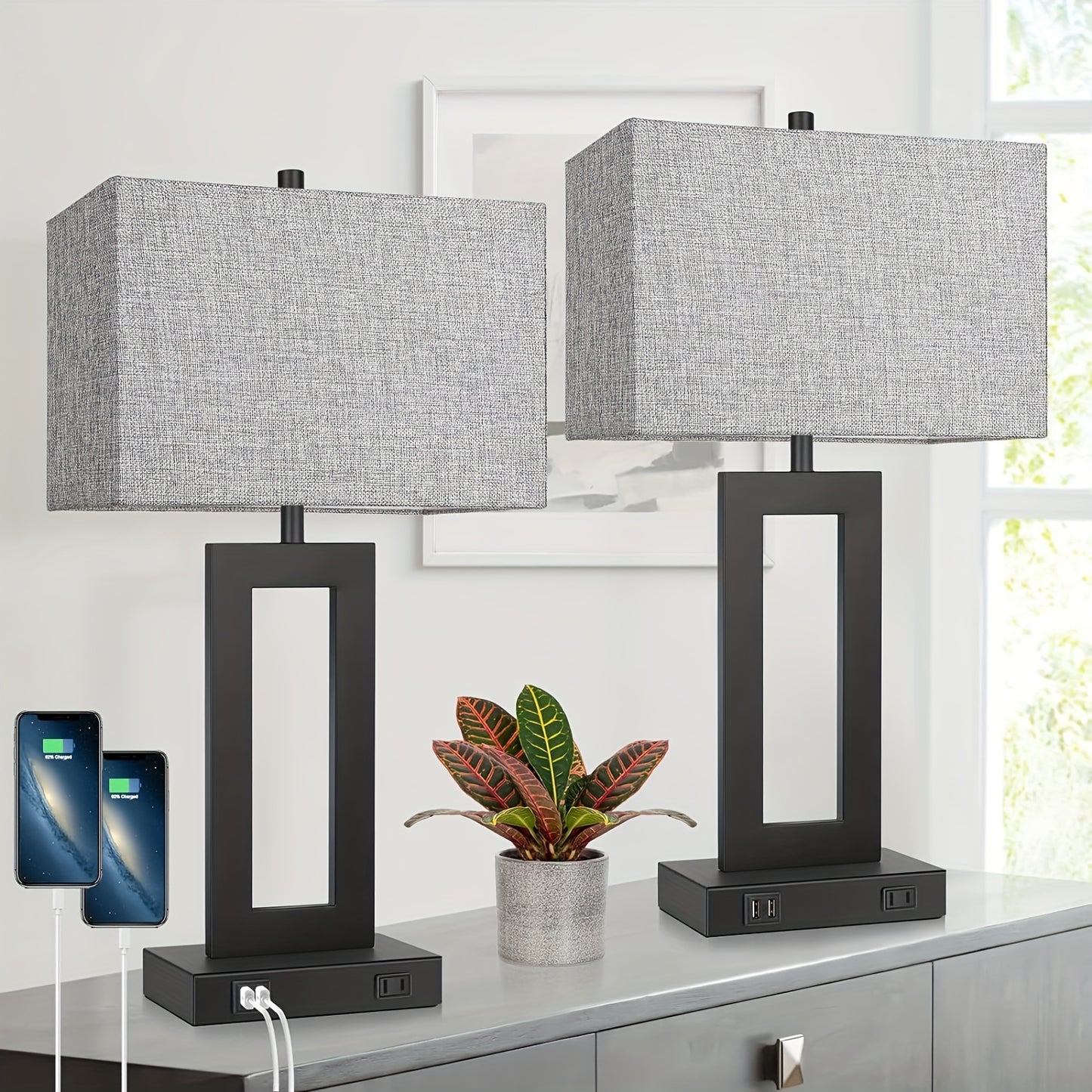 Touch Table Lamps Set of 2, USB, 3-Way Dimmable, Bedside Nightstand Lamp