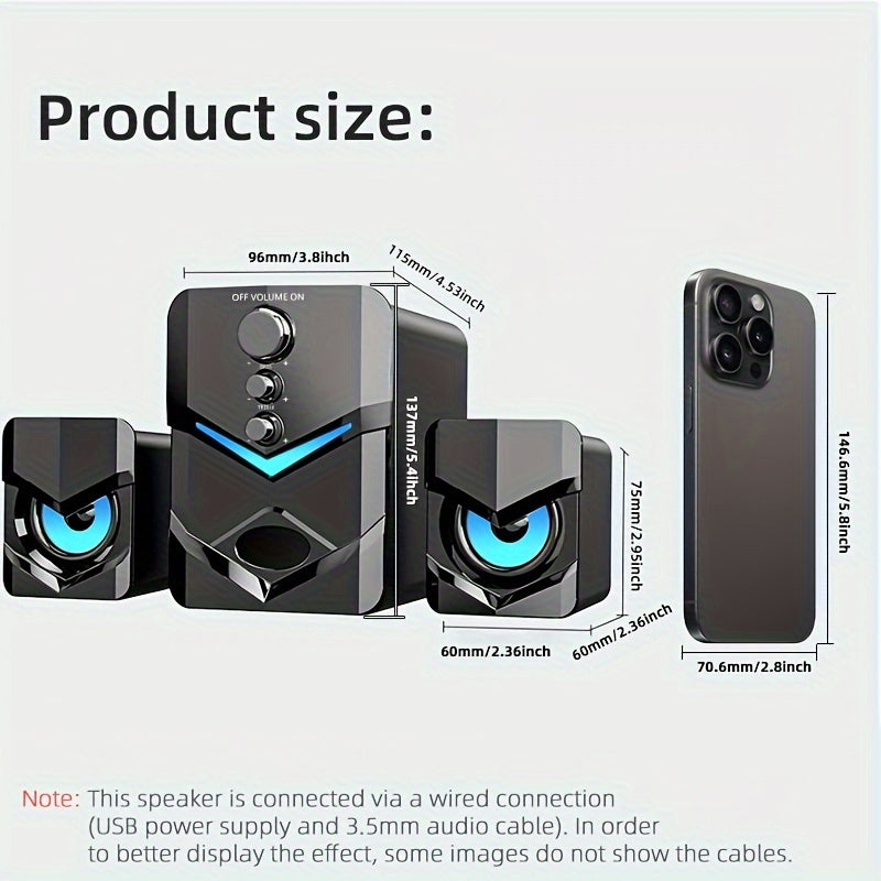 2.1 Stereo USB Desktop Speaker with LED Lights, Wired PC Speaker for Gaming & Laptop