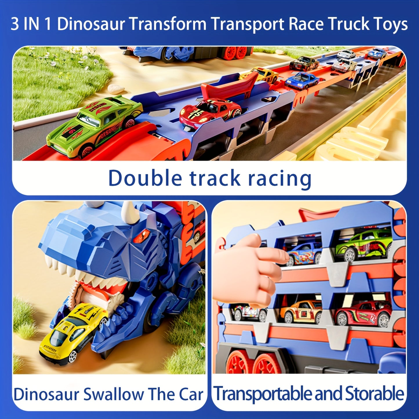 Dinosaur Race Track Car Toy Set for Boys | 12 Cars & Dino Transporter Truck