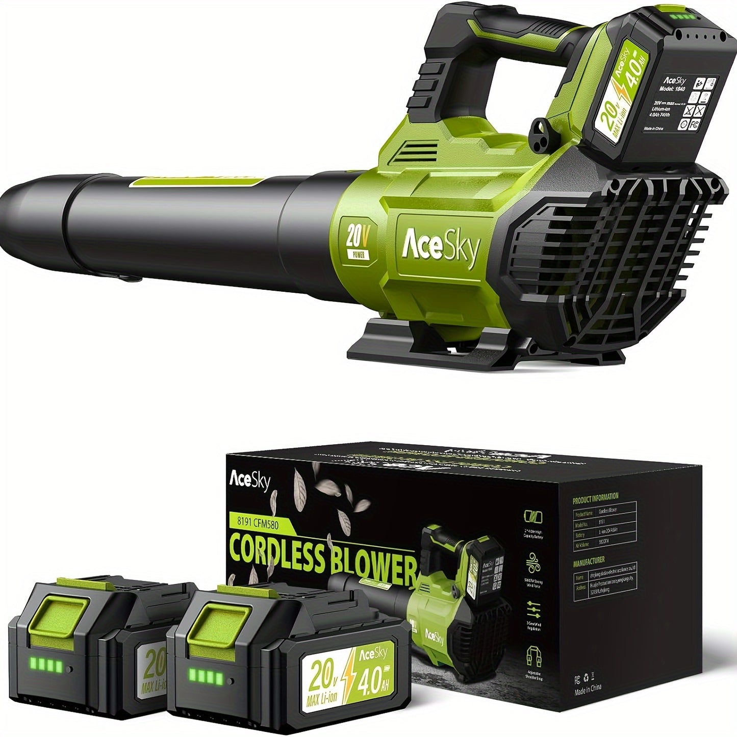 Powerful Cordless Leaf Blower 580CFM 2x4.0Ah Battery, 3-Speed, Lightweight