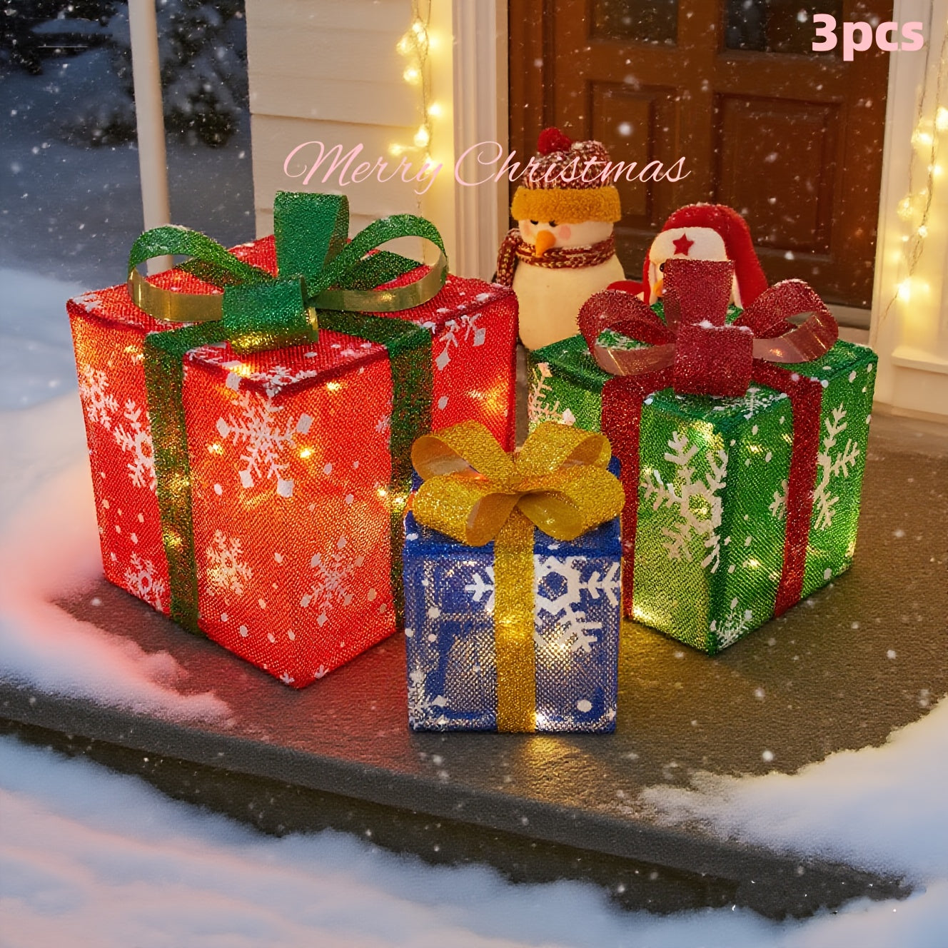 Lighted Christmas Gift Box Set of 3 with LED Lights, Outdoor Indoor Holiday Decor