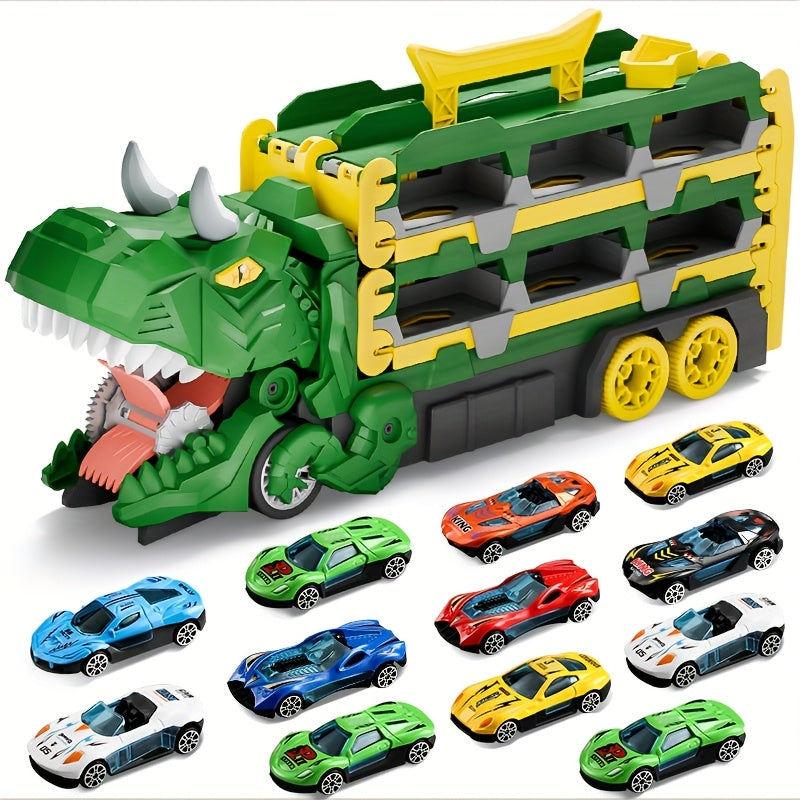 Dinosaur Race Track Car Toy Set for Boys | 12 Cars & Dino Transporter Truck