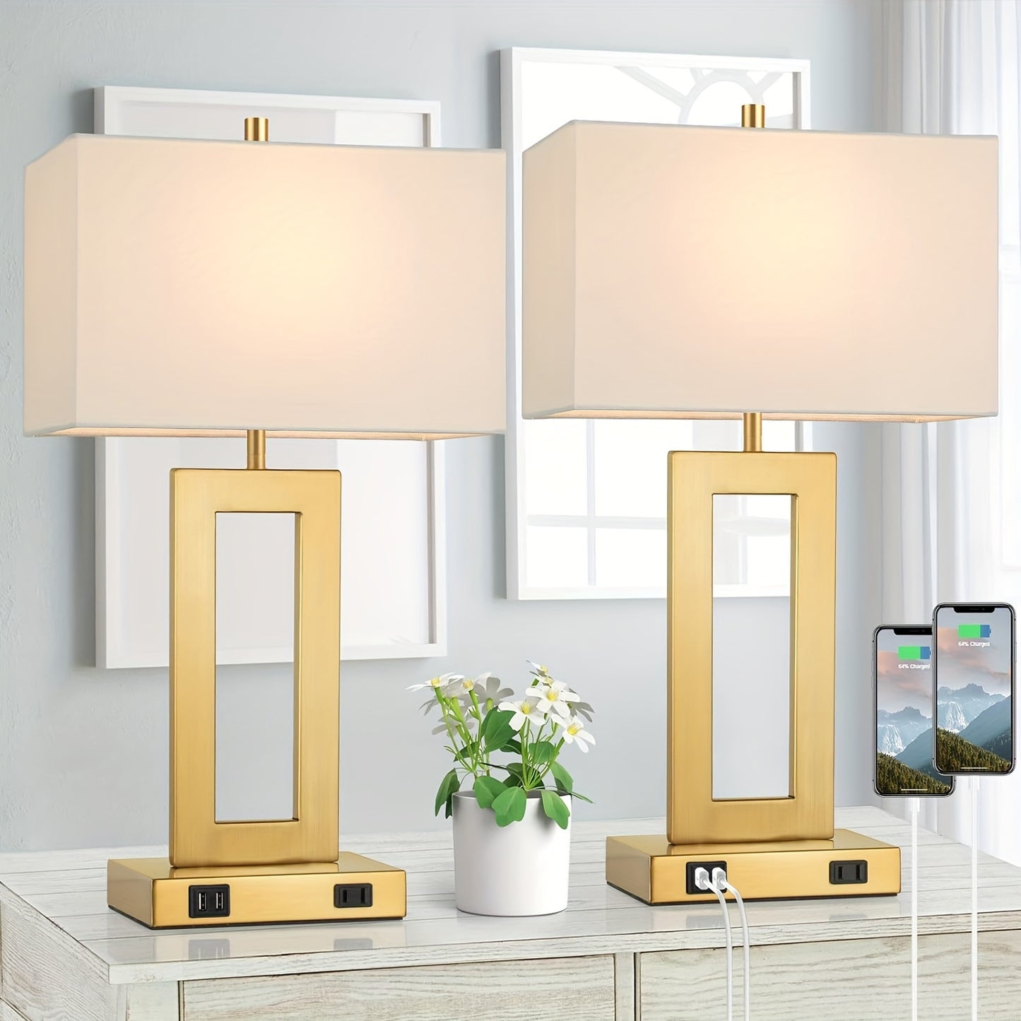 Touch Table Lamps Set of 2, USB, 3-Way Dimmable, Bedside Nightstand Lamp