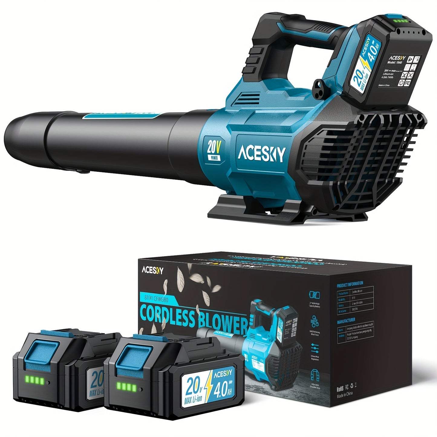 Powerful Cordless Leaf Blower 580CFM 2x4.0Ah Battery, 3-Speed, Lightweight